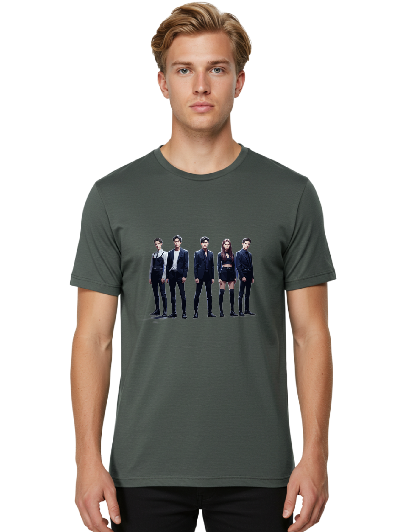 K-Pop-Group-5 Men'S Graphic Tee, 100% Cotton, Comfortable Casual Summer Wear, Machine Washable, K-Pop Group Promotional Image, Fashion Models Posing, Black Outfits, Edgy Style, Modern Fashion Trends, Stylish Attire, Minimalist Chic Bac094