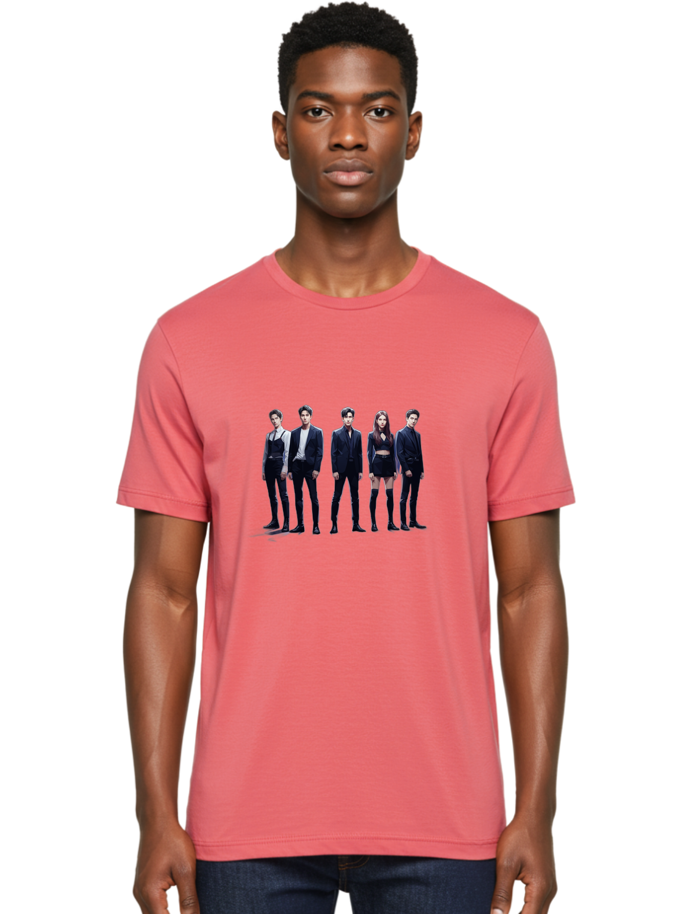 K-Pop-Group-5 Men'S Graphic Tee, 100% Cotton, Comfortable Casual Summer Wear, Machine Washable, K-Pop Group Promotional Image, Fashion Models Posing, Black Outfits, Edgy Style, Modern Fashion Trends, Stylish Attire, Minimalist Chic Bac094