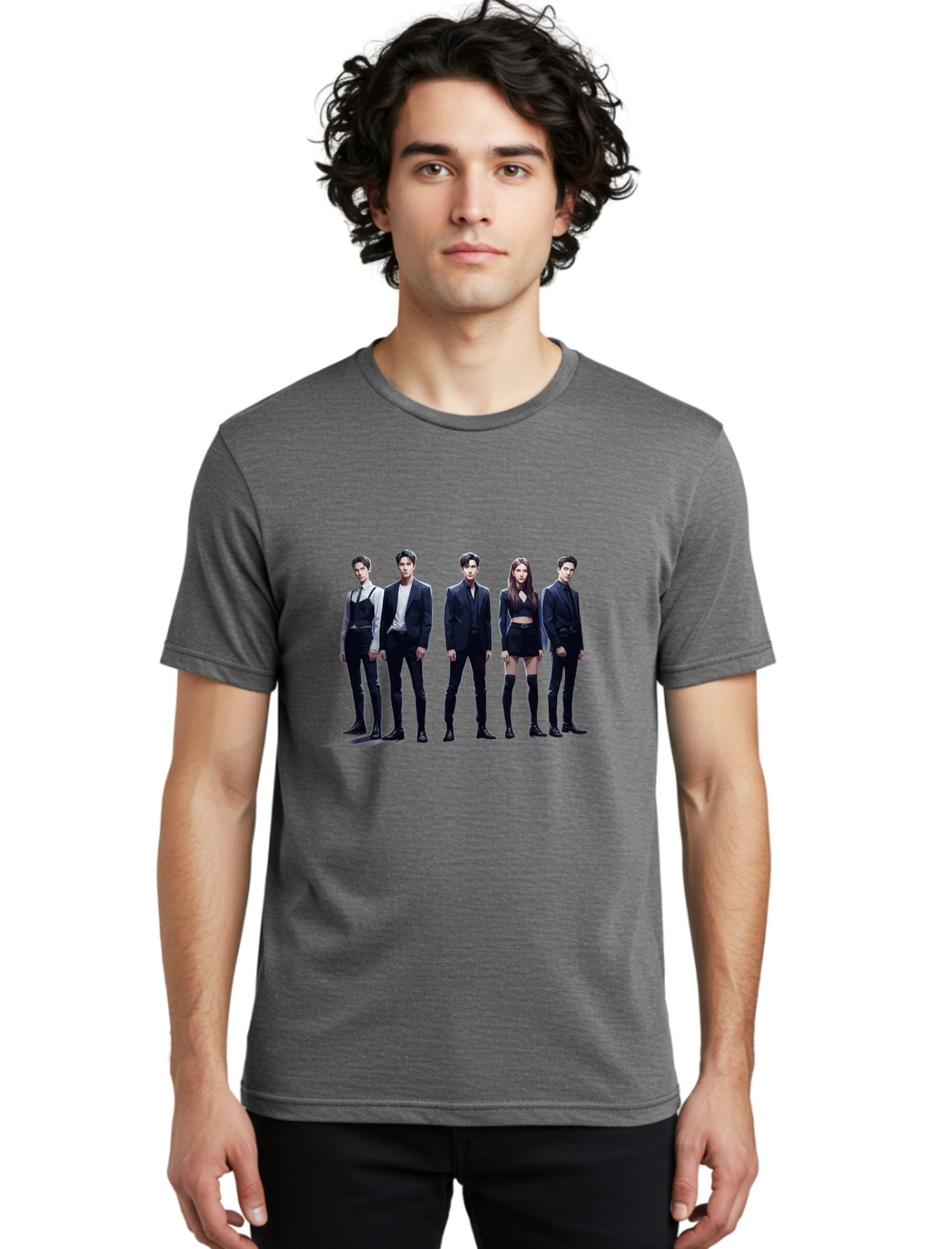 K-Pop-Group-5 Men'S Graphic Tee, 100% Cotton, Comfortable Casual Summer Wear, Machine Washable, K-Pop Group Promotional Image, Fashion Models Posing, Black Outfits, Edgy Style, Modern Fashion Trends, Stylish Attire, Minimalist Chic Bac094