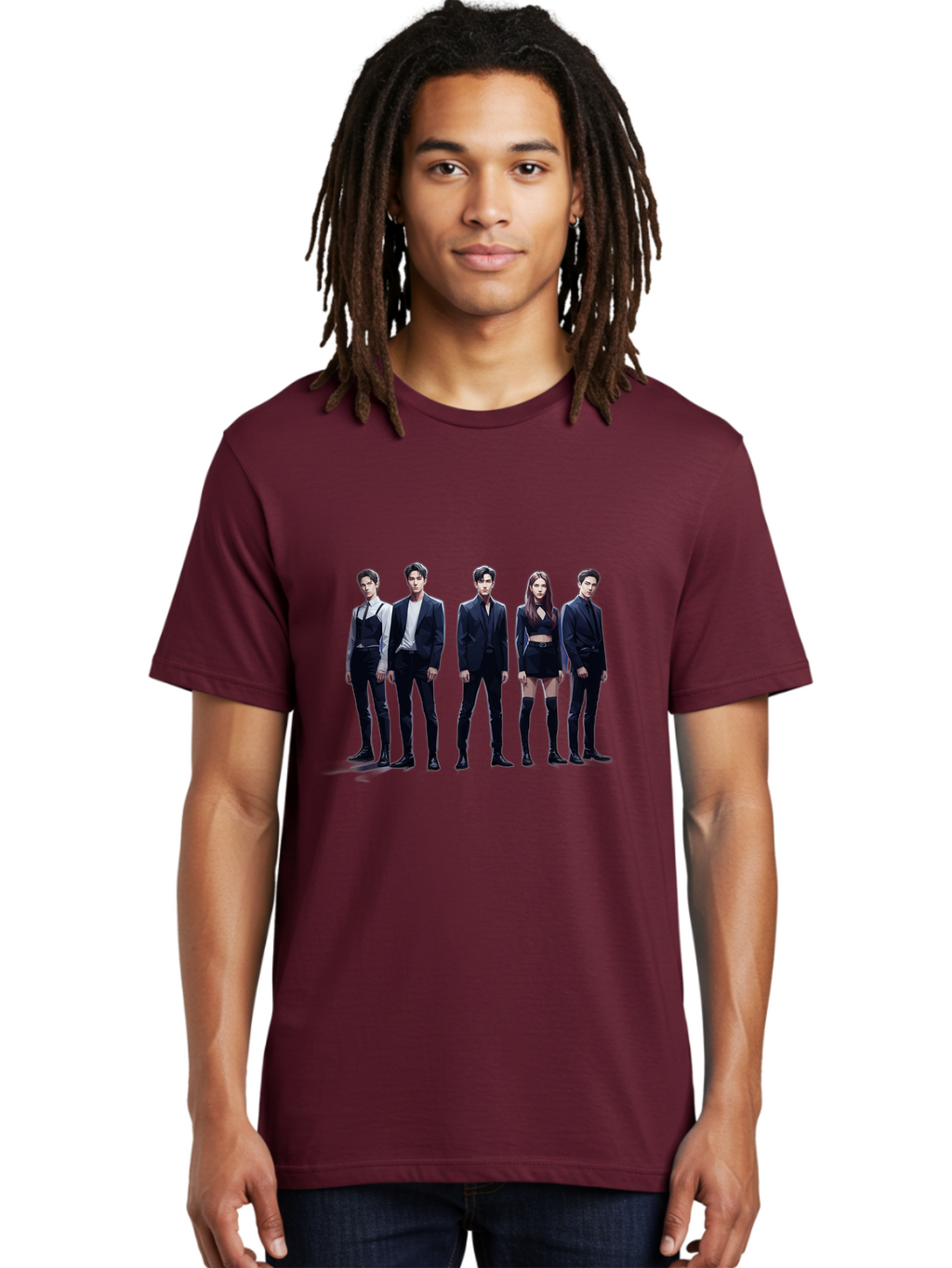 K-Pop-Group-5 Men'S Graphic Tee, 100% Cotton, Comfortable Casual Summer Wear, Machine Washable, K-Pop Group Promotional Image, Fashion Models Posing, Black Outfits, Edgy Style, Modern Fashion Trends, Stylish Attire, Minimalist Chic Bac094
