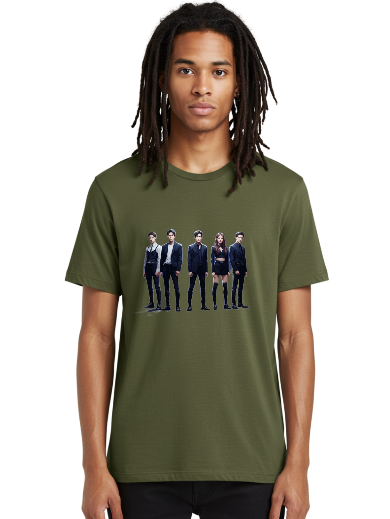 K-Pop-Group-5 Men'S Graphic Tee, 100% Cotton, Comfortable Casual Summer Wear, Machine Washable, K-Pop Group Promotional Image, Fashion Models Posing, Black Outfits, Edgy Style, Modern Fashion Trends, Stylish Attire, Minimalist Chic Bac094