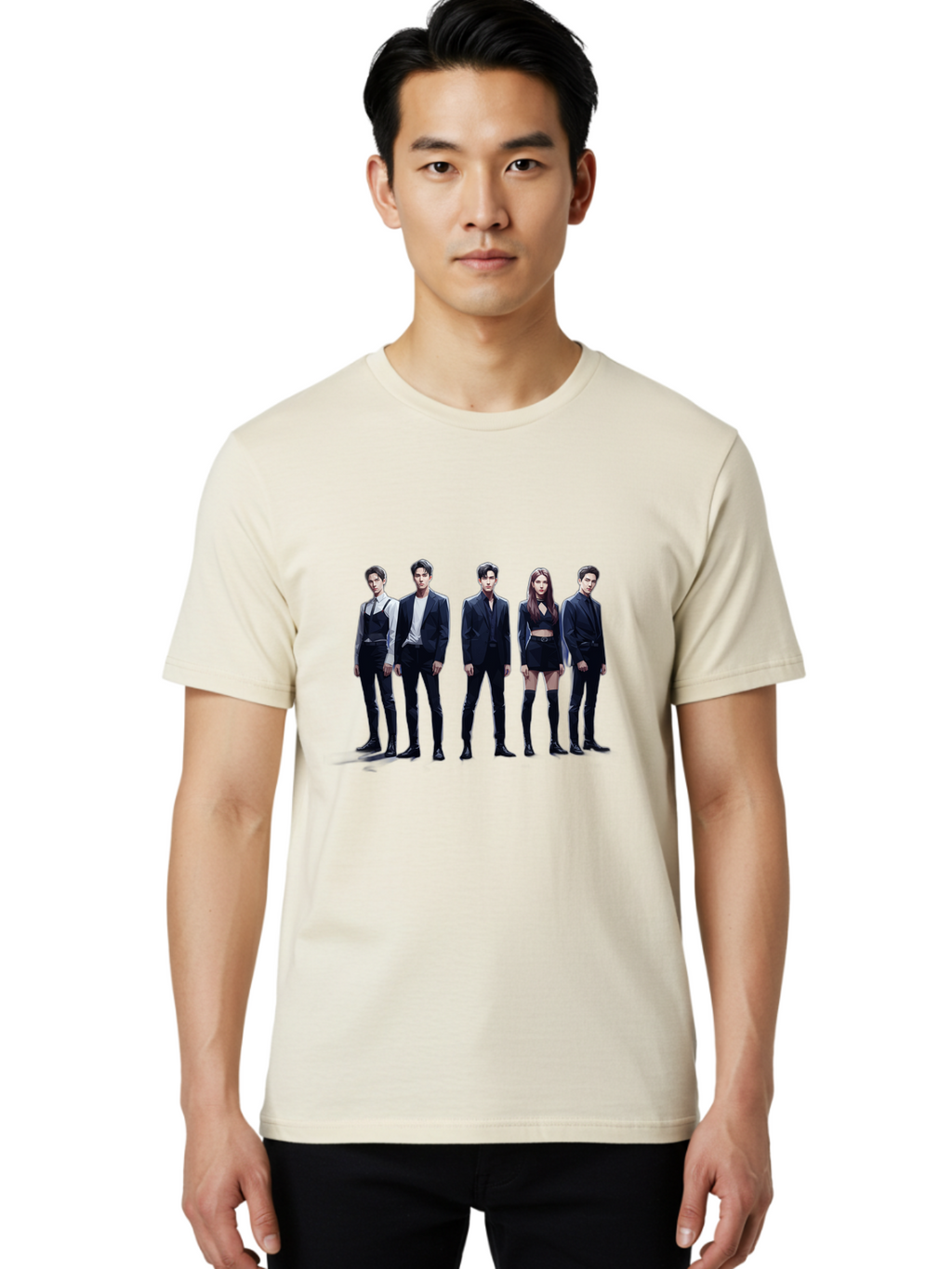 K-Pop-Group-5 Men'S Graphic Tee, 100% Cotton, Comfortable Casual Summer Wear, Machine Washable, K-Pop Group Promotional Image, Fashion Models Posing, Black Outfits, Edgy Style, Modern Fashion Trends, Stylish Attire, Minimalist Chic Bac094