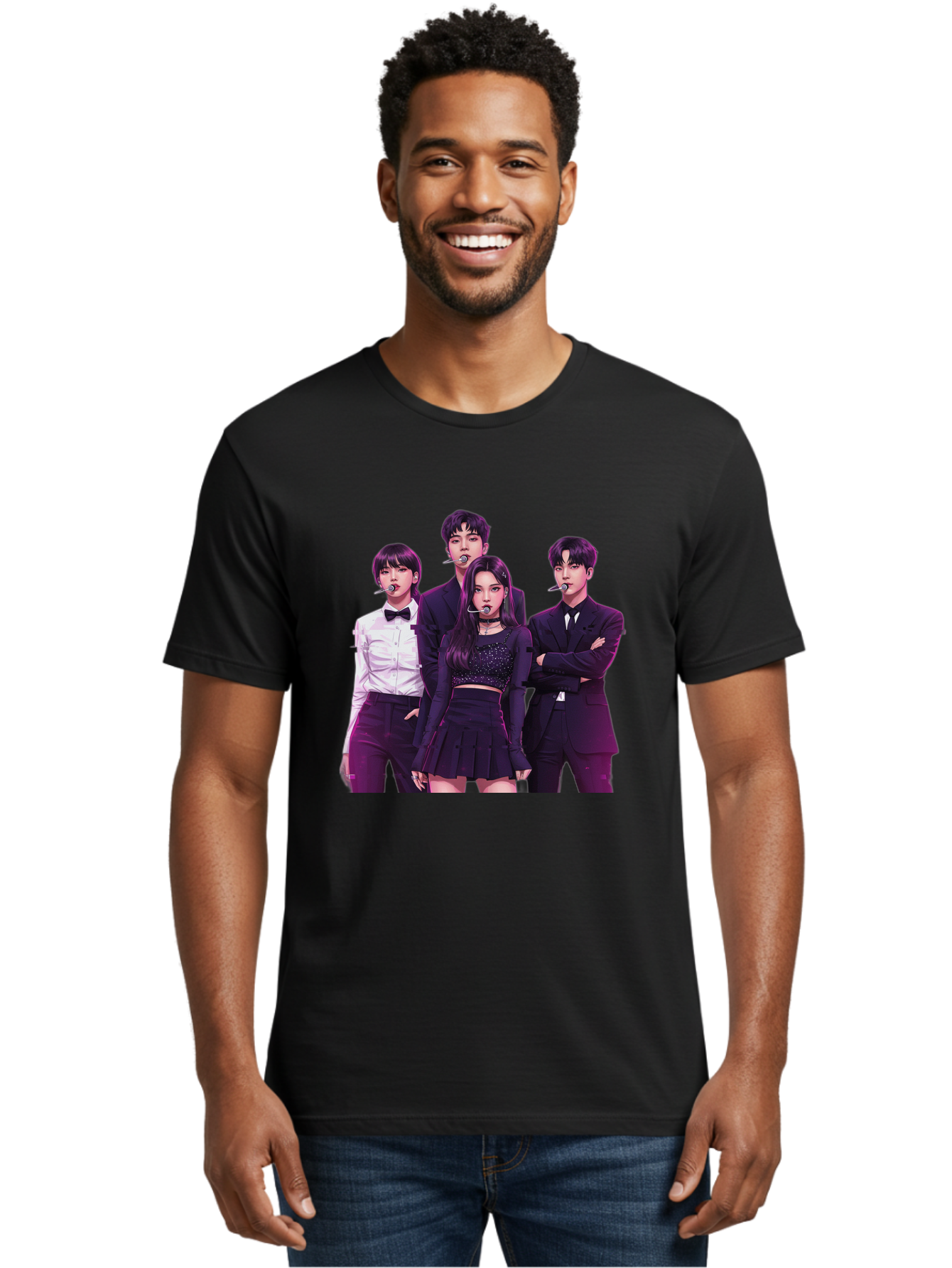 K-Pop-Group-6 Men'S Graphic Tee, 100% Cotton, Comfortable Casual Summer Wear, Machine Washable, K-Pop Performers, Group Portrait, Microphone Headset, Formal Attire, Black And White Clothing, Fashion Style, Music Industry, Pop Culture, Bac095