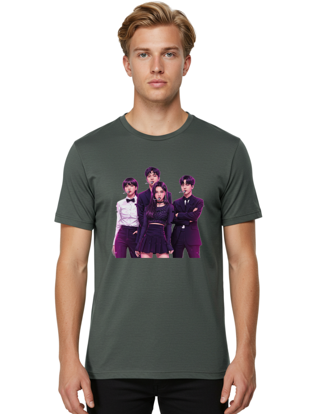 K-Pop-Group-6 Men'S Graphic Tee, 100% Cotton, Comfortable Casual Summer Wear, Machine Washable, K-Pop Performers, Group Portrait, Microphone Headset, Formal Attire, Black And White Clothing, Fashion Style, Music Industry, Pop Culture, Bac095