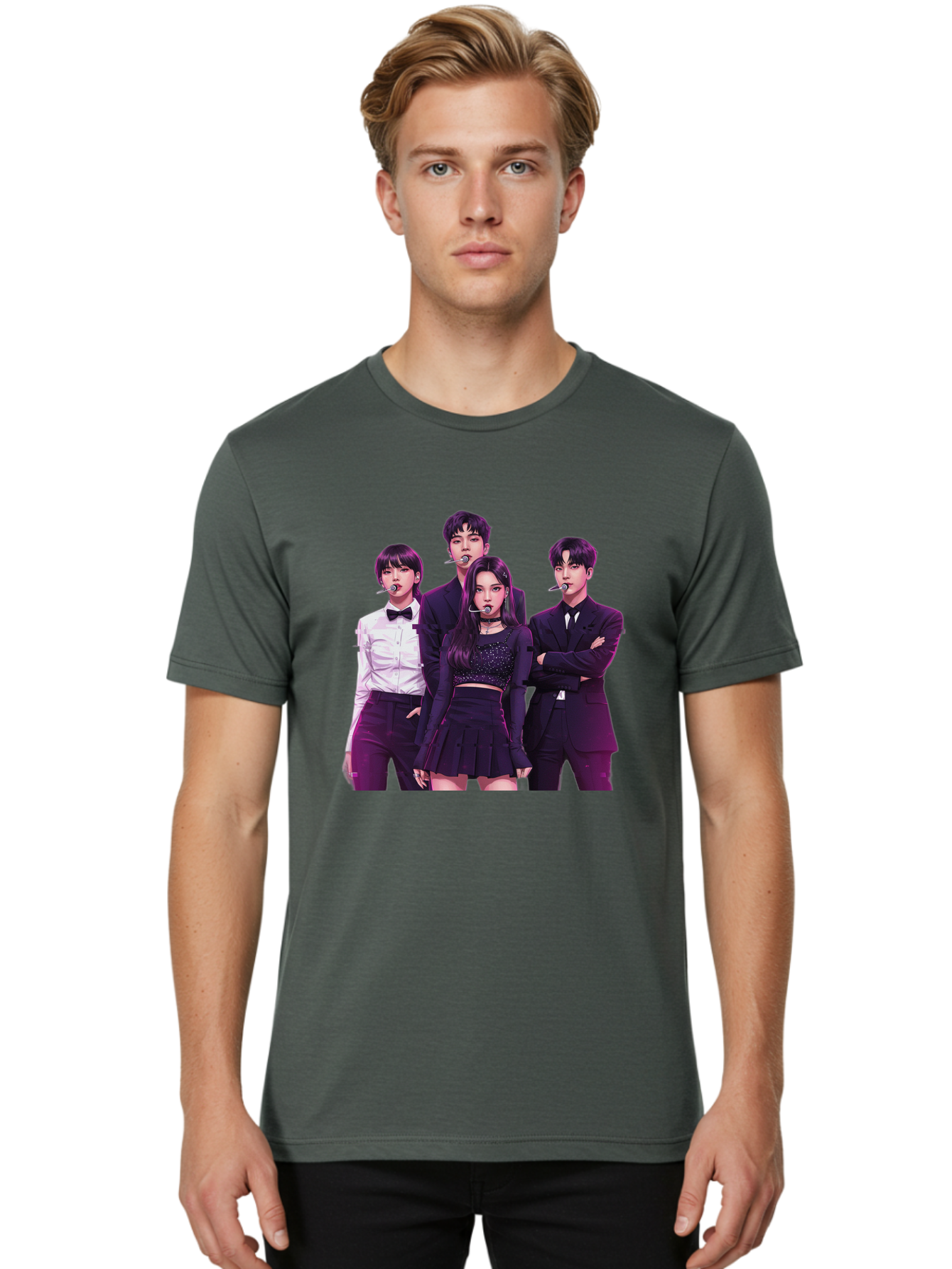 K-Pop-Group-6 Men'S Graphic Tee, 100% Cotton, Comfortable Casual Summer Wear, Machine Washable, K-Pop Performers, Group Portrait, Microphone Headset, Formal Attire, Black And White Clothing, Fashion Style, Music Industry, Pop Culture, Bac095