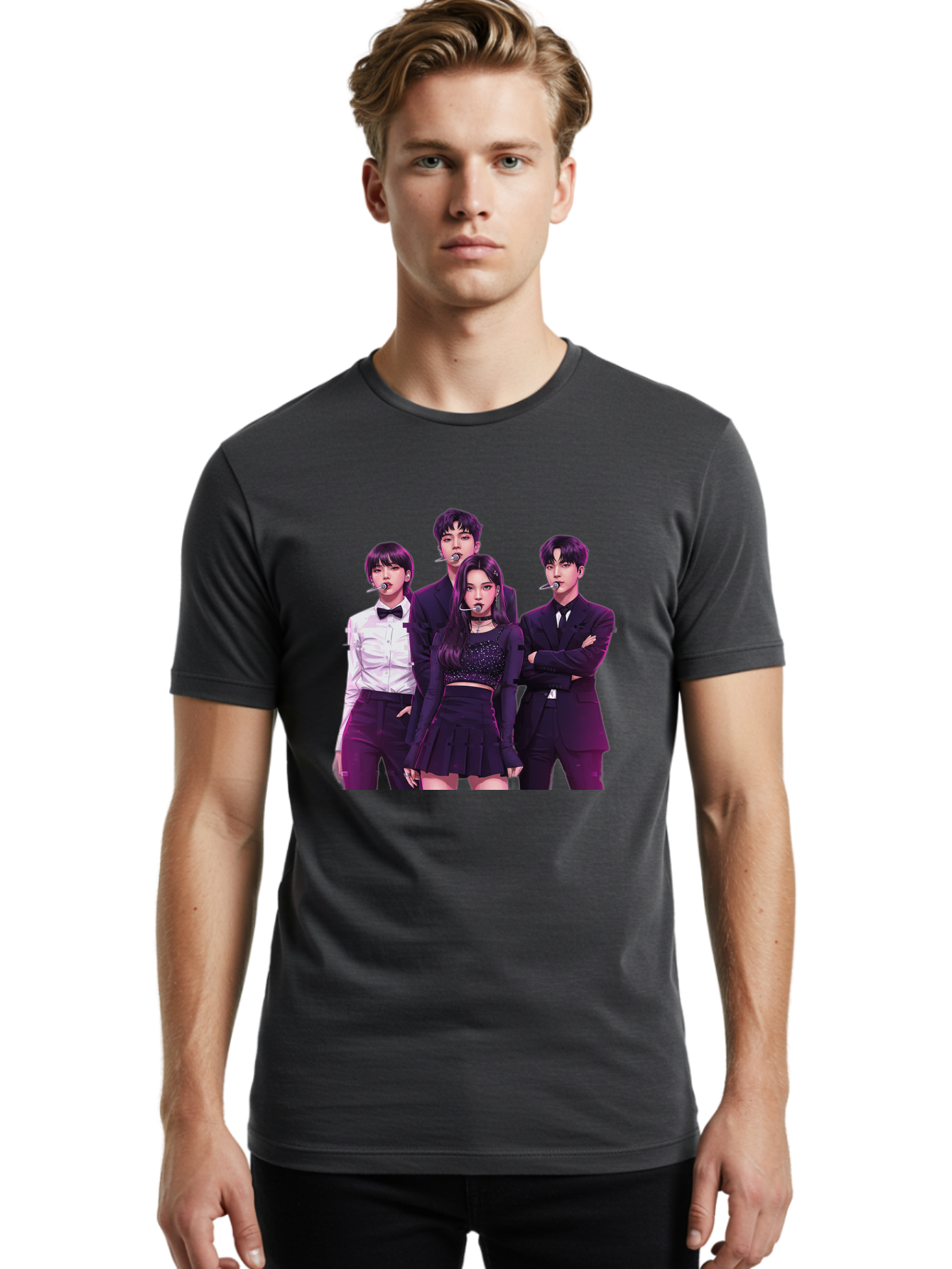 K-Pop-Group-6 Men'S Graphic Tee, 100% Cotton, Comfortable Casual Summer Wear, Machine Washable, K-Pop Performers, Group Portrait, Microphone Headset, Formal Attire, Black And White Clothing, Fashion Style, Music Industry, Pop Culture, Bac095