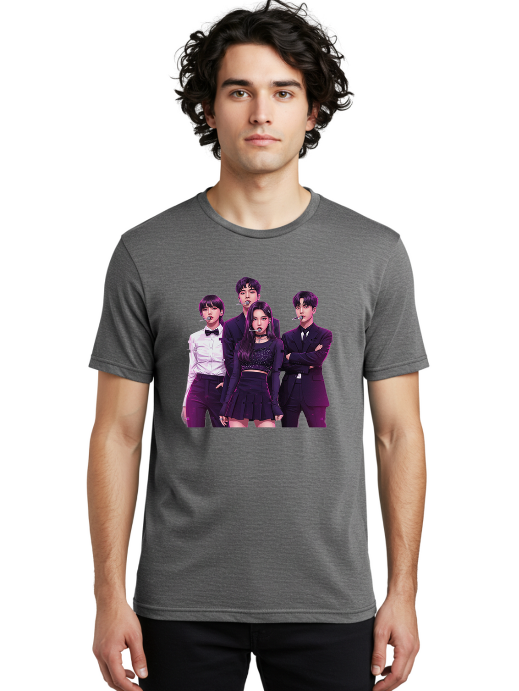 K-Pop-Group-6 Men'S Graphic Tee, 100% Cotton, Comfortable Casual Summer Wear, Machine Washable, K-Pop Performers, Group Portrait, Microphone Headset, Formal Attire, Black And White Clothing, Fashion Style, Music Industry, Pop Culture, Bac095