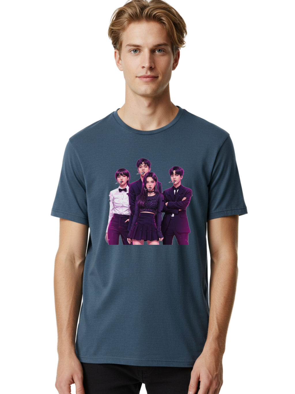 K-Pop-Group-6 Men'S Graphic Tee, 100% Cotton, Comfortable Casual Summer Wear, Machine Washable, K-Pop Performers, Group Portrait, Microphone Headset, Formal Attire, Black And White Clothing, Fashion Style, Music Industry, Pop Culture, Bac095