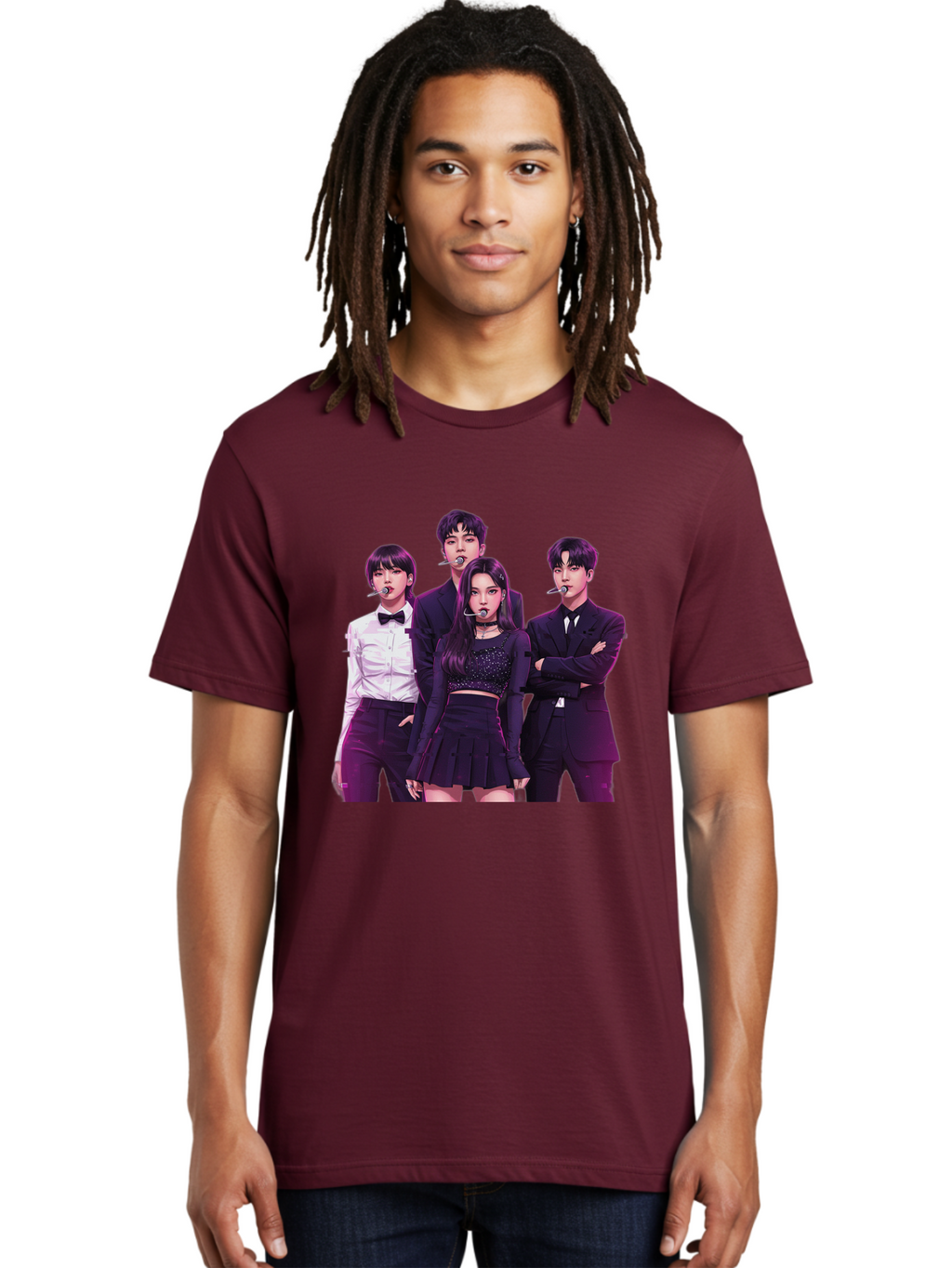 K-Pop-Group-6 Men'S Graphic Tee, 100% Cotton, Comfortable Casual Summer Wear, Machine Washable, K-Pop Performers, Group Portrait, Microphone Headset, Formal Attire, Black And White Clothing, Fashion Style, Music Industry, Pop Culture, Bac095