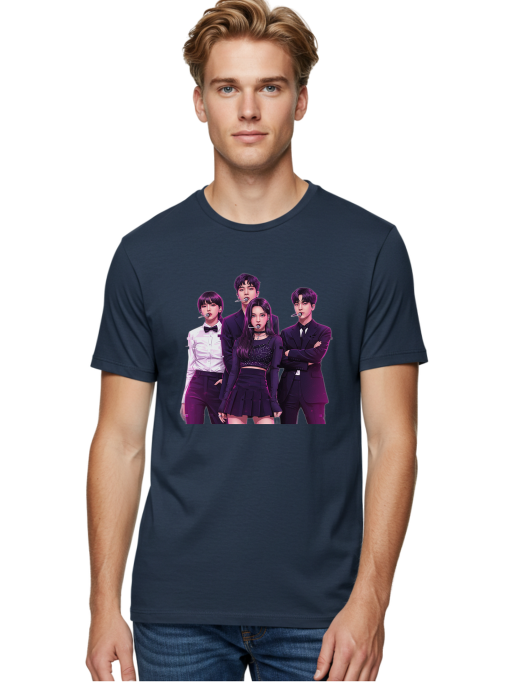 K-Pop-Group-6 Men'S Graphic Tee, 100% Cotton, Comfortable Casual Summer Wear, Machine Washable, K-Pop Performers, Group Portrait, Microphone Headset, Formal Attire, Black And White Clothing, Fashion Style, Music Industry, Pop Culture, Bac095