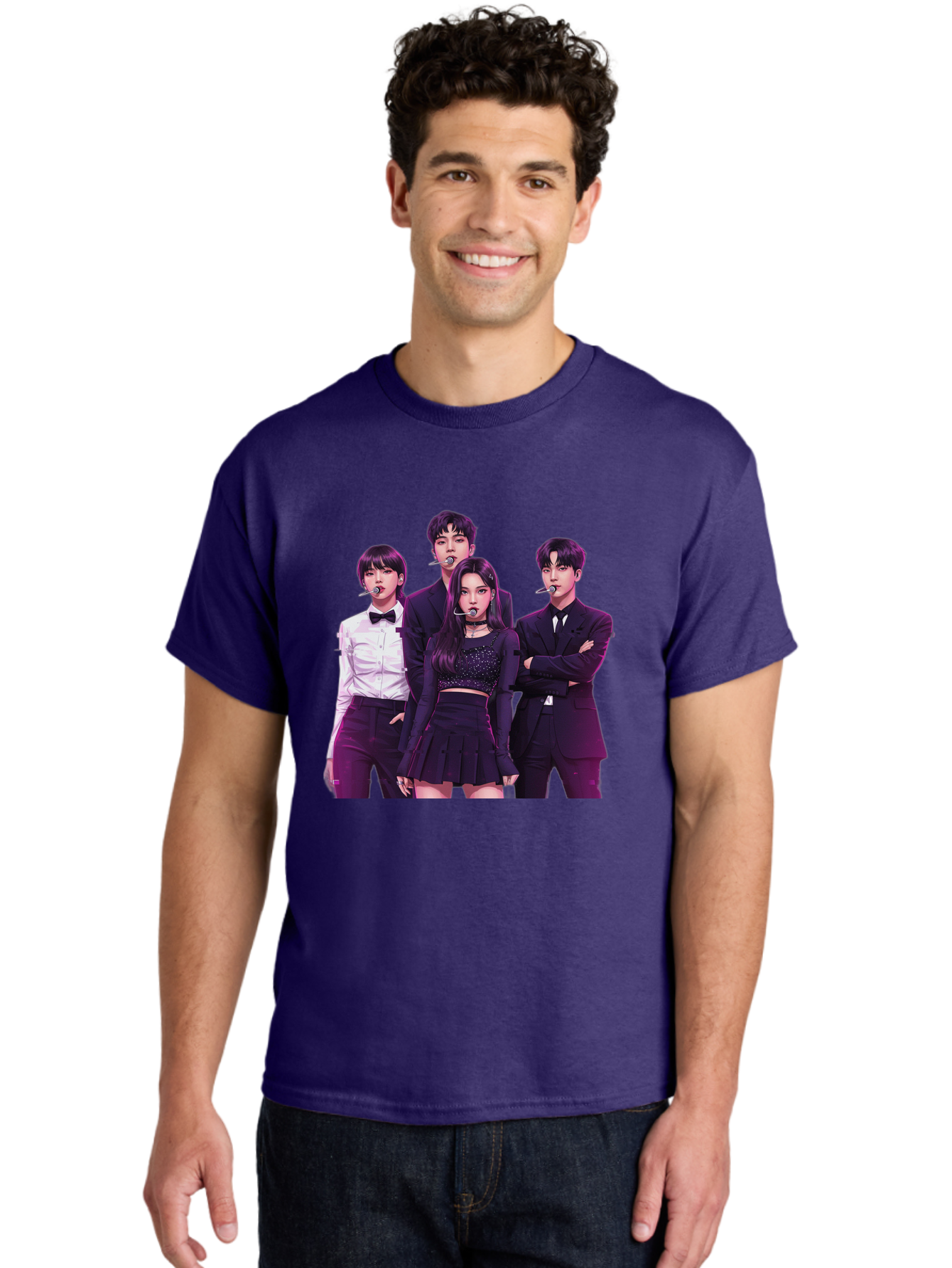 K-Pop-Group-6 Men'S Graphic Tee, 100% Cotton, Comfortable Casual Summer Wear, Machine Washable, K-Pop Performers, Group Portrait, Microphone Headset, Formal Attire, Black And White Clothing, Fashion Style, Music Industry, Pop Culture, Bac095