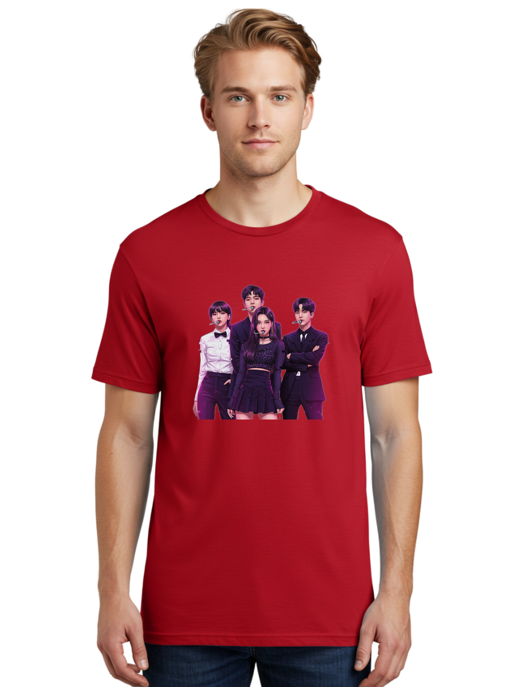 K-Pop-Group-6 Men'S Graphic Tee, 100% Cotton, Comfortable Casual Summer Wear, Machine Washable, K-Pop Performers, Group Portrait, Microphone Headset, Formal Attire, Black And White Clothing, Fashion Style, Music Industry, Pop Culture, Bac095