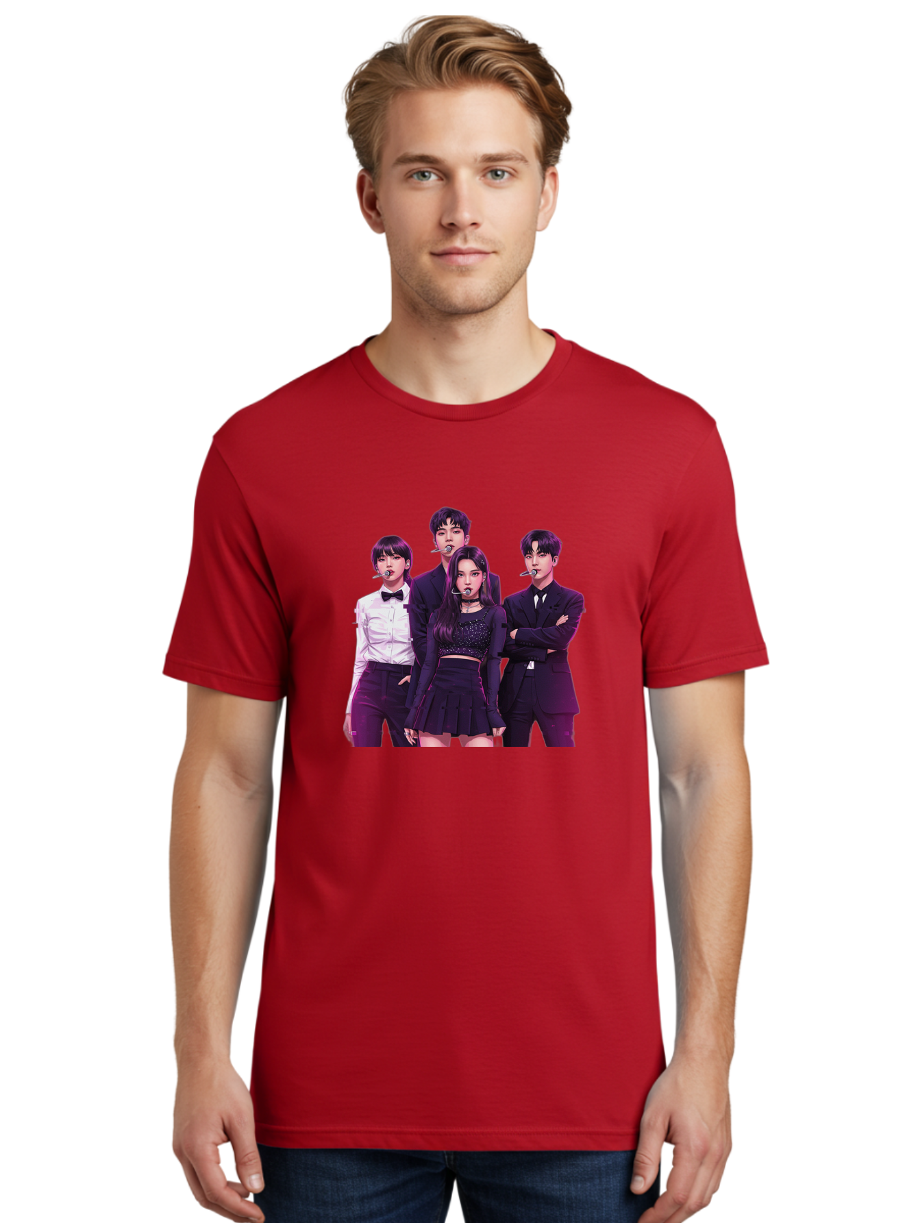 K-Pop-Group-6 Men'S Graphic Tee, 100% Cotton, Comfortable Casual Summer Wear, Machine Washable, K-Pop Performers, Group Portrait, Microphone Headset, Formal Attire, Black And White Clothing, Fashion Style, Music Industry, Pop Culture, Bac095