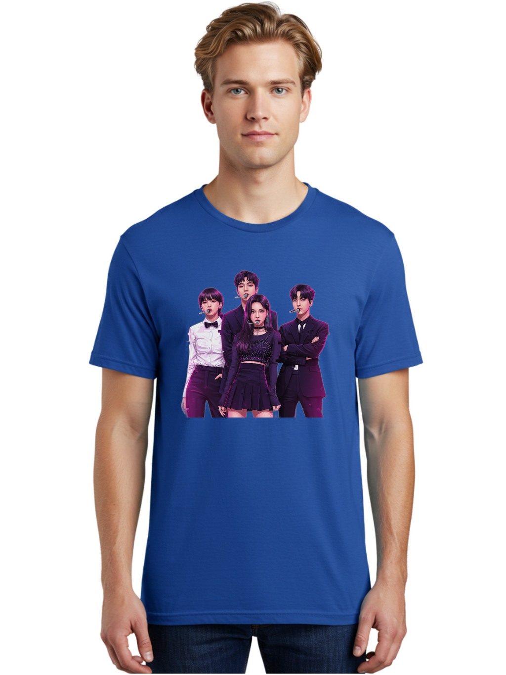 K-Pop-Group-6 Men'S Graphic Tee, 100% Cotton, Comfortable Casual Summer Wear, Machine Washable, K-Pop Performers, Group Portrait, Microphone Headset, Formal Attire, Black And White Clothing, Fashion Style, Music Industry, Pop Culture, Bac095