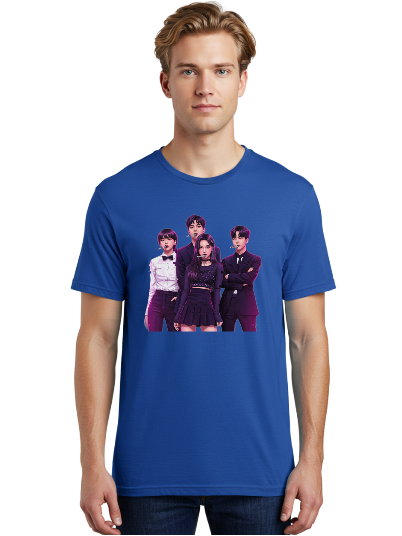 K-Pop-Group-6 Men'S Graphic Tee, 100% Cotton, Comfortable Casual Summer Wear, Machine Washable, K-Pop Performers, Group Portrait, Microphone Headset, Formal Attire, Black And White Clothing, Fashion Style, Music Industry, Pop Culture, Bac095