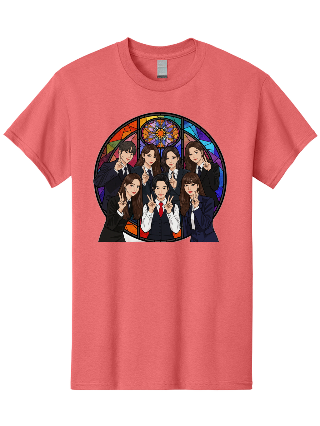 K-Pop-Group-7 Men'S Graphic Tee, 100% Cotton, Comfortable Casual Summer Wear, Machine Washable, K-Pop Group Illustration, Stained Glass Window, School Uniforms, Peace Signs, K-Pop Fashion, Group Portrait, Colorful Background, K-Pop Idols, Bac096