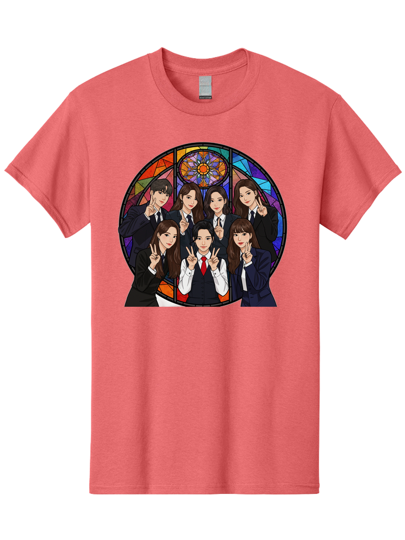 K-Pop-Group-7 Men'S Graphic Tee, 100% Cotton, Comfortable Casual Summer Wear, Machine Washable, K-Pop Group Illustration, Stained Glass Window, School Uniforms, Peace Signs, K-Pop Fashion, Group Portrait, Colorful Background, K-Pop Idols, Bac096