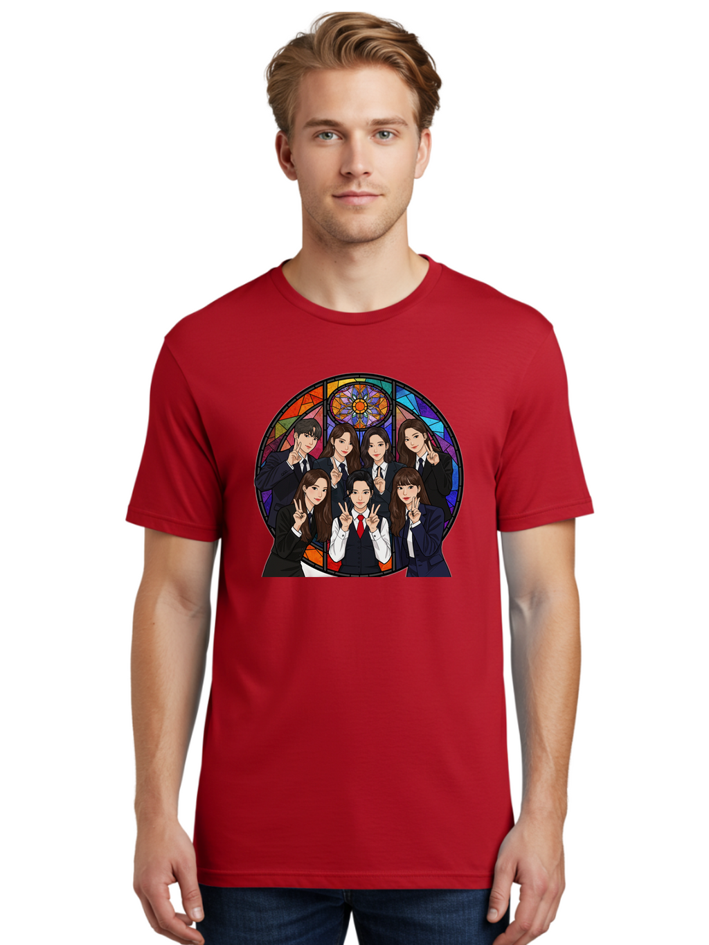 K-Pop-Group-7 Men'S Graphic Tee, 100% Cotton, Comfortable Casual Summer Wear, Machine Washable, K-Pop Group Illustration, Stained Glass Window, School Uniforms, Peace Signs, K-Pop Fashion, Group Portrait, Colorful Background, K-Pop Idols, Bac096