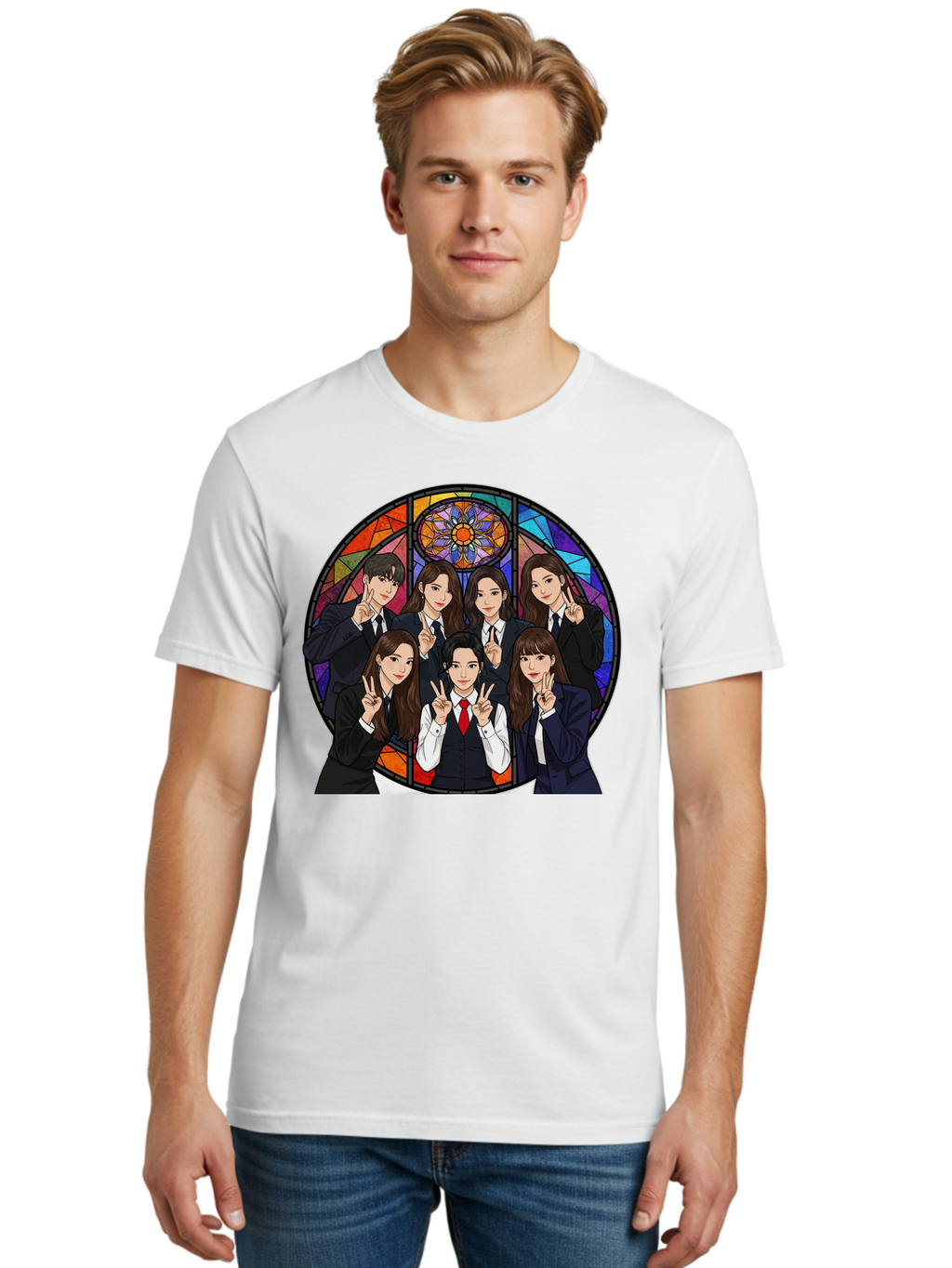 K-Pop-Group-7 Men'S Graphic Tee, 100% Cotton, Comfortable Casual Summer Wear, Machine Washable, K-Pop Group Illustration, Stained Glass Window, School Uniforms, Peace Signs, K-Pop Fashion, Group Portrait, Colorful Background, K-Pop Idols, Bac096