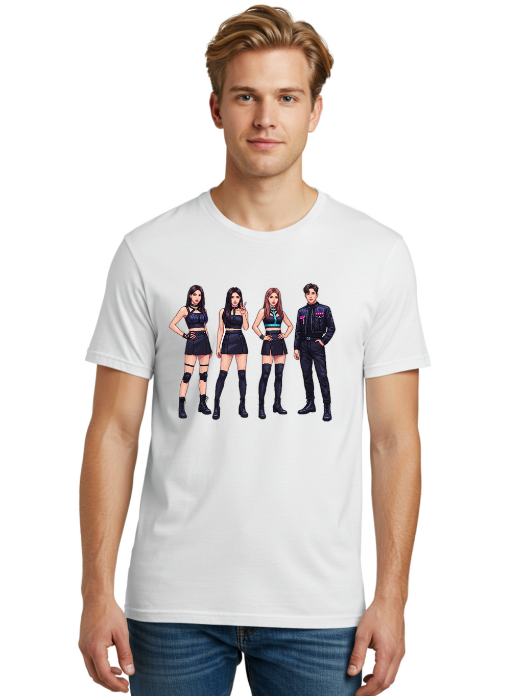 K-Pop-Group-8 Men'S Graphic Tee, 100% Cotton, Comfortable Casual Summer Wear, Machine Washable, K-Pop Fashion, Group Of Performers, Black Outfits, Stylish Clothing, Edgy Style, Modern Fashion Trends, Pop Culture Icons, Entertainment Industry, Bac097