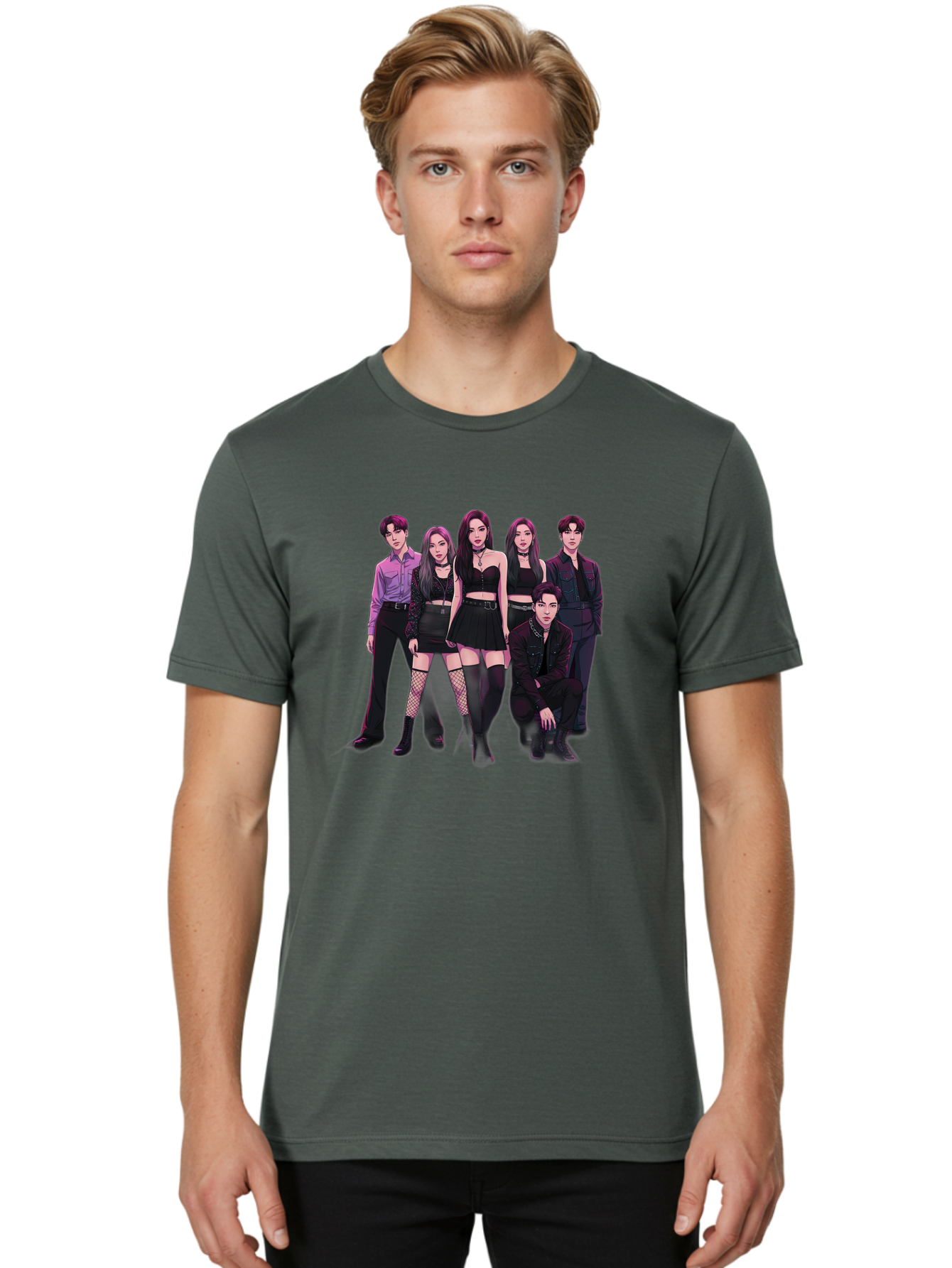 K-Pop-Group-9 Men'S Graphic Tee, 100% Cotton, Comfortable Casual Summer Wear, Machine Washable, K-Pop Group Portrait, Young Adults, Black Clothing, Edgy Style, Confident Poses, Fashion Statement, Group Shot, Pop Culture, Music Industry, Bac098
