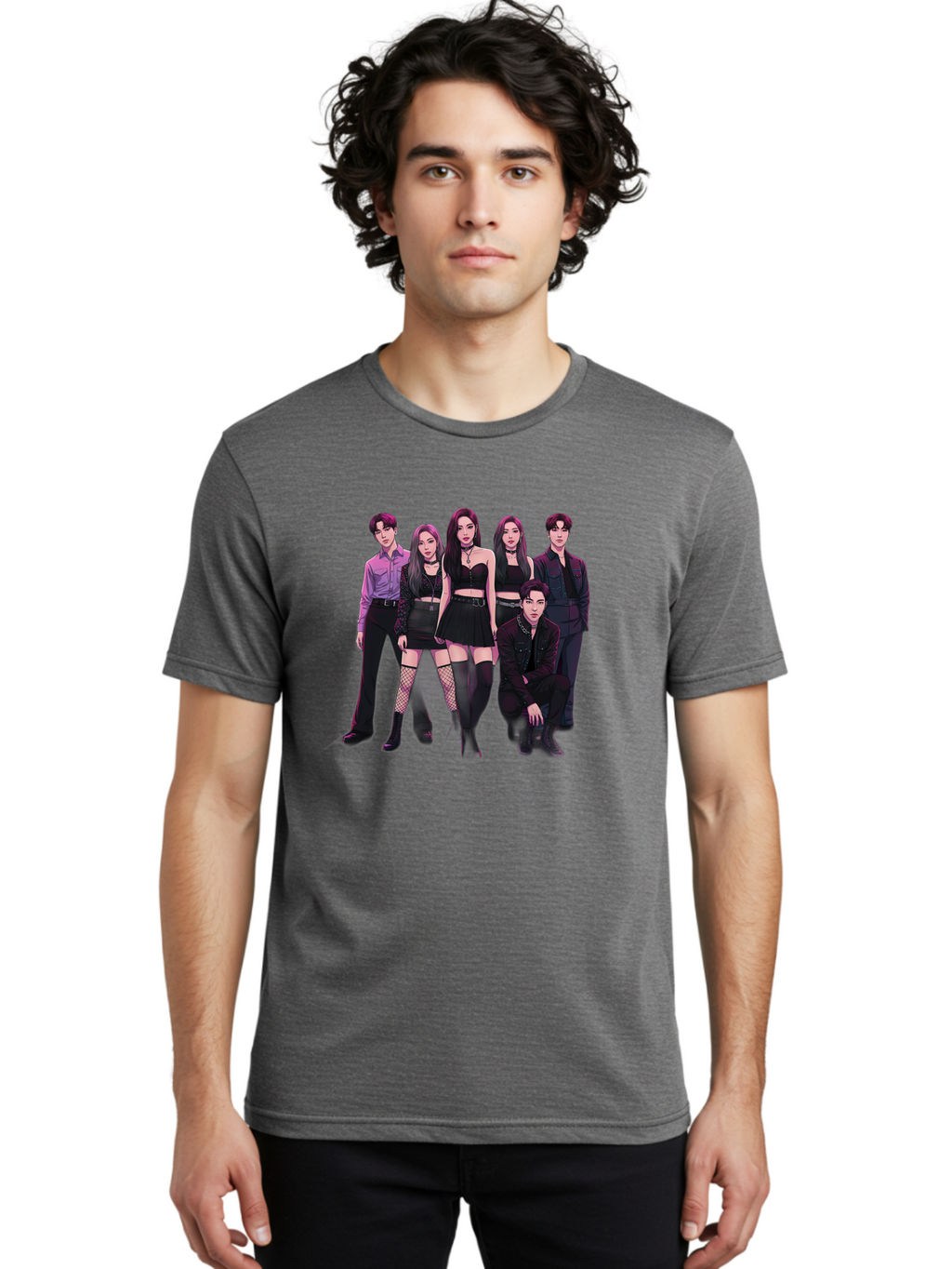 K-Pop-Group-9 Men'S Graphic Tee, 100% Cotton, Comfortable Casual Summer Wear, Machine Washable, K-Pop Group Portrait, Young Adults, Black Clothing, Edgy Style, Confident Poses, Fashion Statement, Group Shot, Pop Culture, Music Industry, Bac098