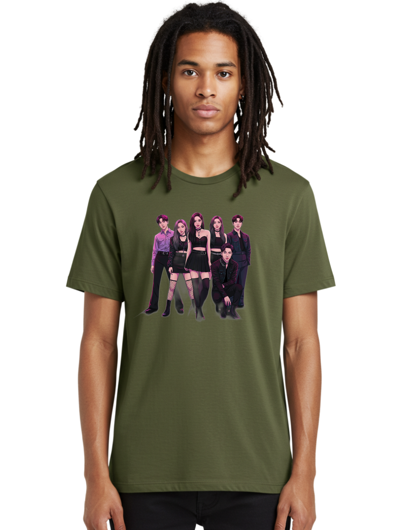 K-Pop-Group-9 Men'S Graphic Tee, 100% Cotton, Comfortable Casual Summer Wear, Machine Washable, K-Pop Group Portrait, Young Adults, Black Clothing, Edgy Style, Confident Poses, Fashion Statement, Group Shot, Pop Culture, Music Industry, Bac098