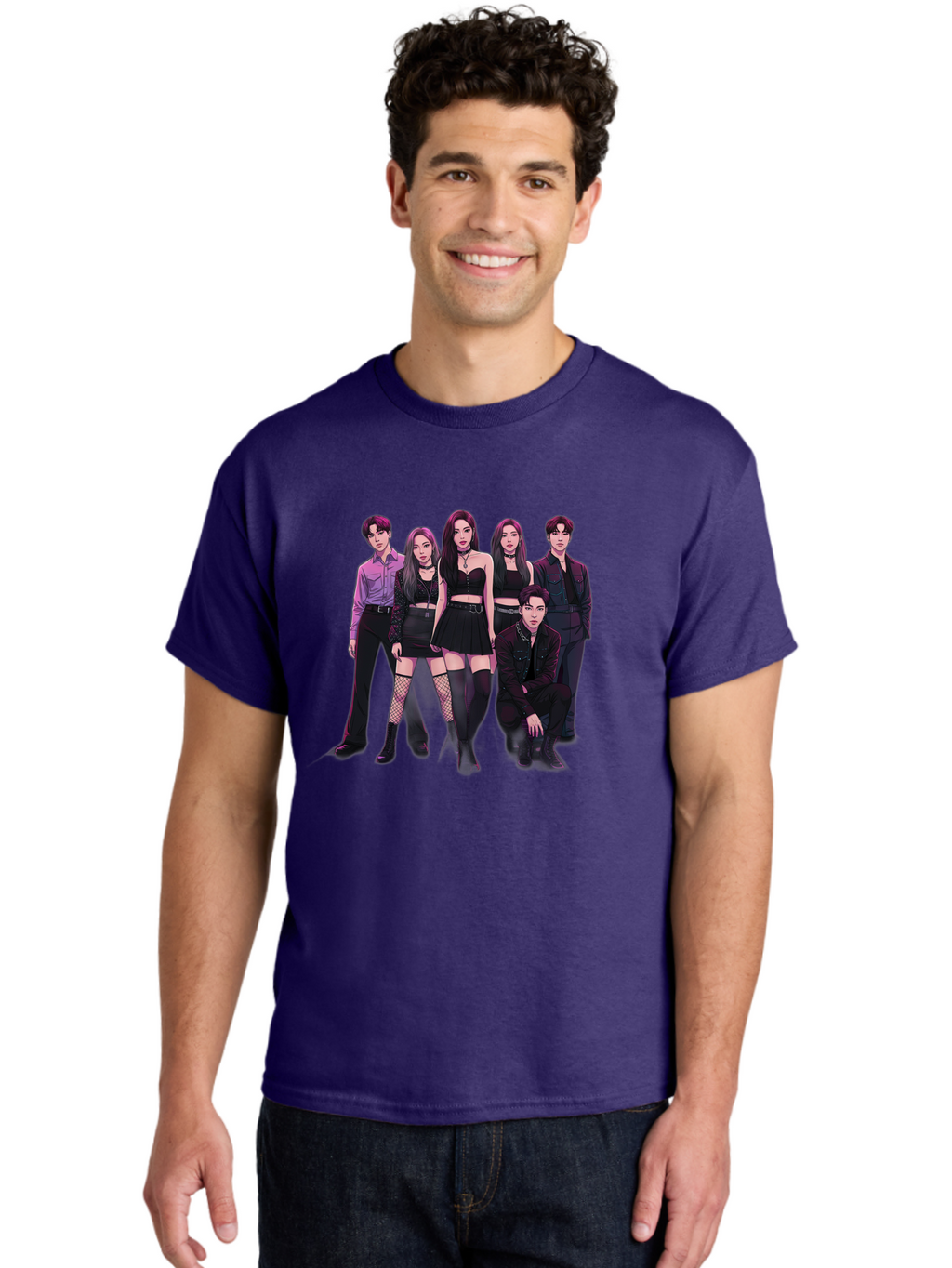 K-Pop-Group-9 Men'S Graphic Tee, 100% Cotton, Comfortable Casual Summer Wear, Machine Washable, K-Pop Group Portrait, Young Adults, Black Clothing, Edgy Style, Confident Poses, Fashion Statement, Group Shot, Pop Culture, Music Industry, Bac098