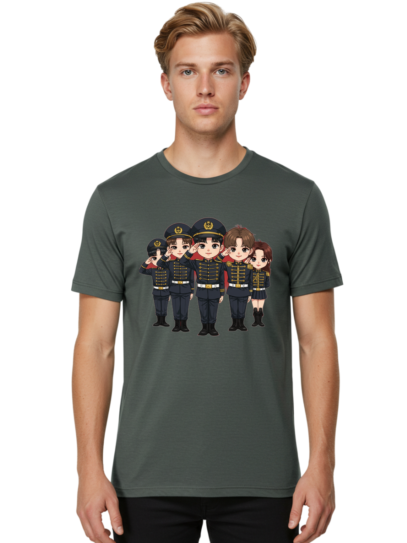 K-Pop-Group-Military-Uniform Men'S Graphic Tee, 100% Cotton, Comfortable Casual Summer Wear, Machine Washable, Anime Characters In Military Uniforms, Cartoon Illustration, Japanese Pop Culture, K-Pop Style, Military Attire, Saluting Pose, Bac099