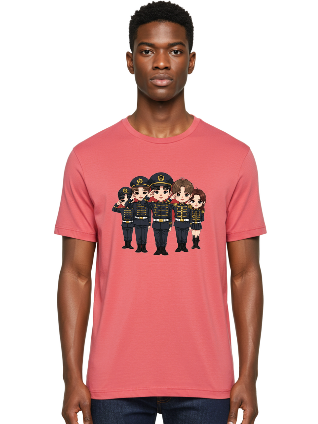 K-Pop-Group-Military-Uniform Men'S Graphic Tee, 100% Cotton, Comfortable Casual Summer Wear, Machine Washable, Anime Characters In Military Uniforms, Cartoon Illustration, Japanese Pop Culture, K-Pop Style, Military Attire, Saluting Pose, Bac099