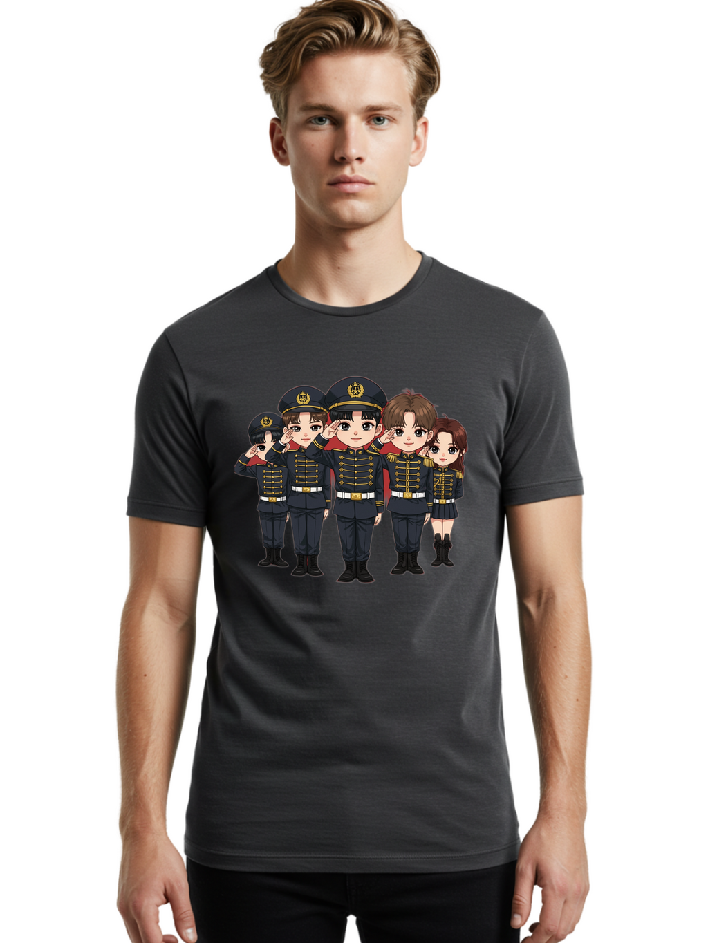 K-Pop-Group-Military-Uniform Men'S Graphic Tee, 100% Cotton, Comfortable Casual Summer Wear, Machine Washable, Anime Characters In Military Uniforms, Cartoon Illustration, Japanese Pop Culture, K-Pop Style, Military Attire, Saluting Pose, Bac099