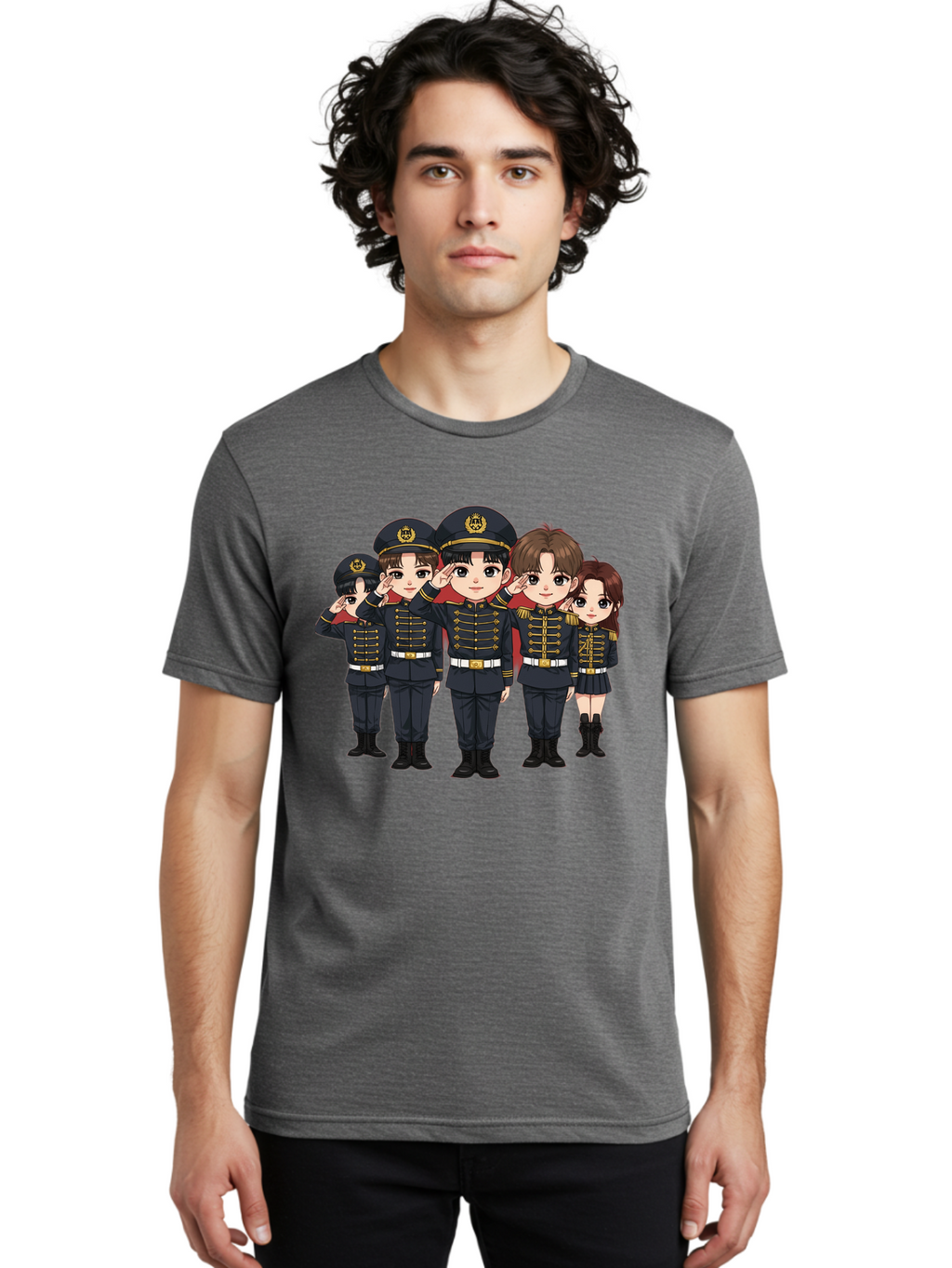 K-Pop-Group-Military-Uniform Men'S Graphic Tee, 100% Cotton, Comfortable Casual Summer Wear, Machine Washable, Anime Characters In Military Uniforms, Cartoon Illustration, Japanese Pop Culture, K-Pop Style, Military Attire, Saluting Pose, Bac099