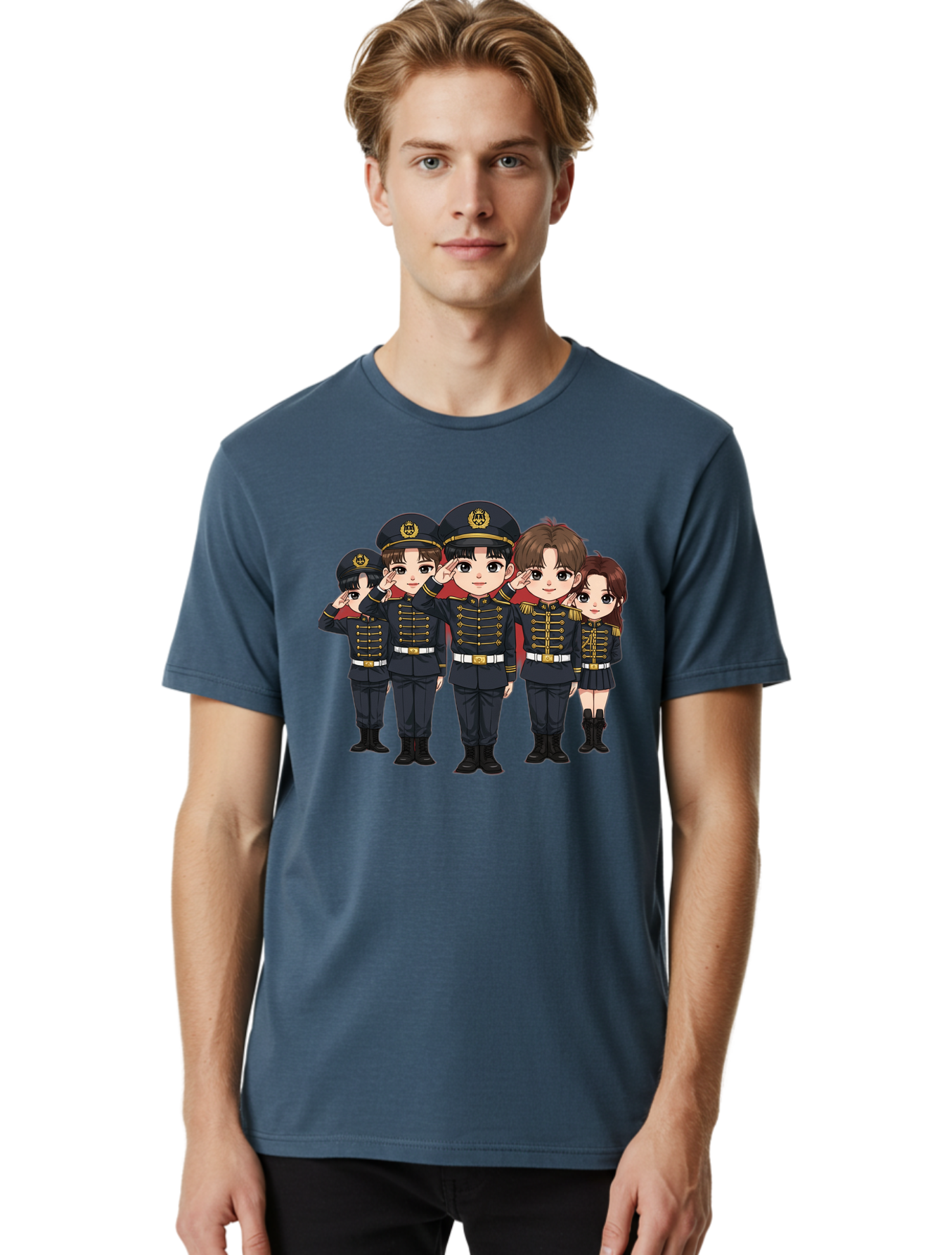 K-Pop-Group-Military-Uniform Men'S Graphic Tee, 100% Cotton, Comfortable Casual Summer Wear, Machine Washable, Anime Characters In Military Uniforms, Cartoon Illustration, Japanese Pop Culture, K-Pop Style, Military Attire, Saluting Pose, Bac099