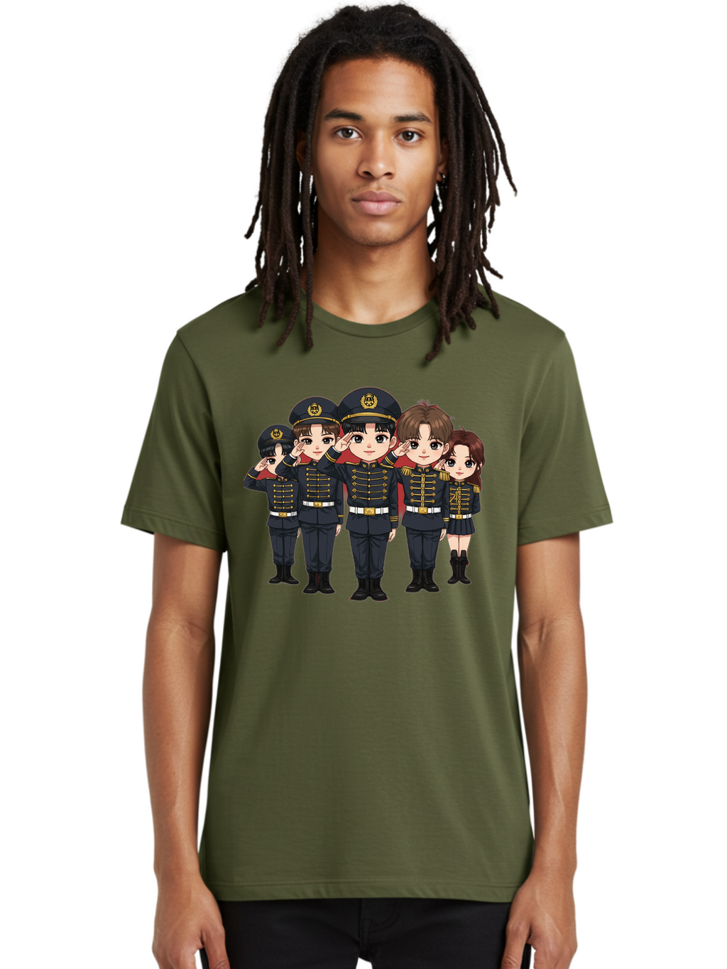 K-Pop-Group-Military-Uniform Men'S Graphic Tee, 100% Cotton, Comfortable Casual Summer Wear, Machine Washable, Anime Characters In Military Uniforms, Cartoon Illustration, Japanese Pop Culture, K-Pop Style, Military Attire, Saluting Pose, Bac099