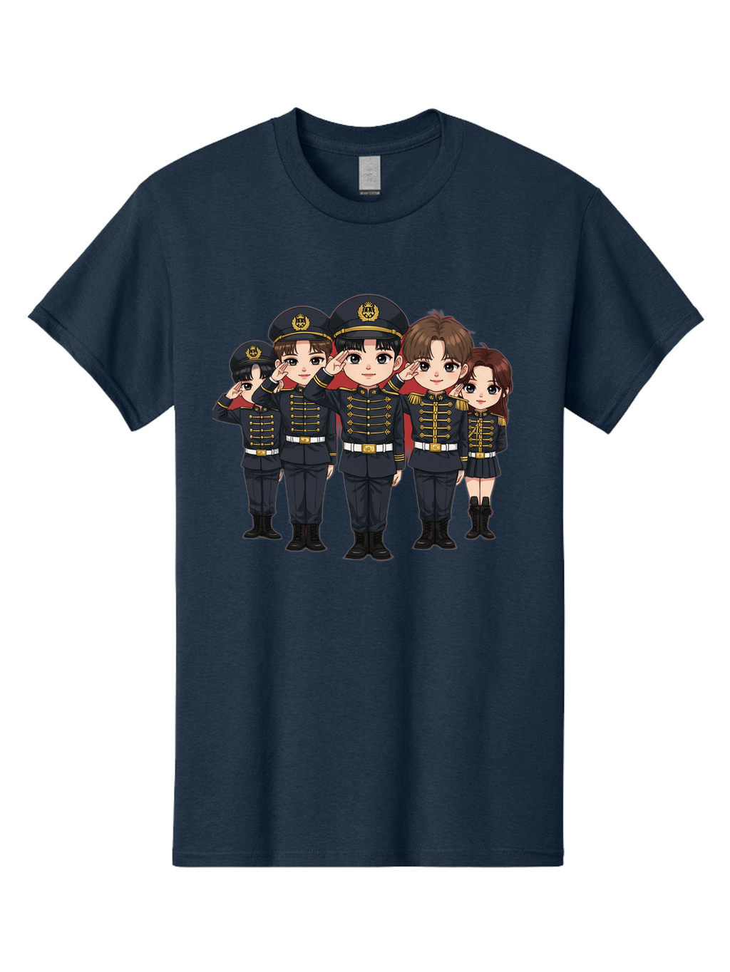 K-Pop-Group-Military-Uniform Men'S Graphic Tee, 100% Cotton, Comfortable Casual Summer Wear, Machine Washable, Anime Characters In Military Uniforms, Cartoon Illustration, Japanese Pop Culture, K-Pop Style, Military Attire, Saluting Pose, Bac099