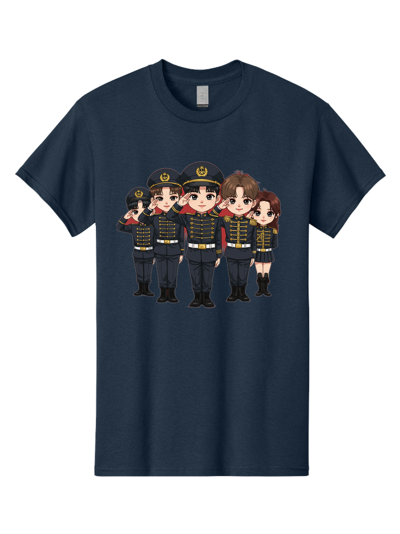 K-Pop-Group-Military-Uniform Men'S Graphic Tee, 100% Cotton, Comfortable Casual Summer Wear, Machine Washable, Anime Characters In Military Uniforms, Cartoon Illustration, Japanese Pop Culture, K-Pop Style, Military Attire, Saluting Pose, Bac099