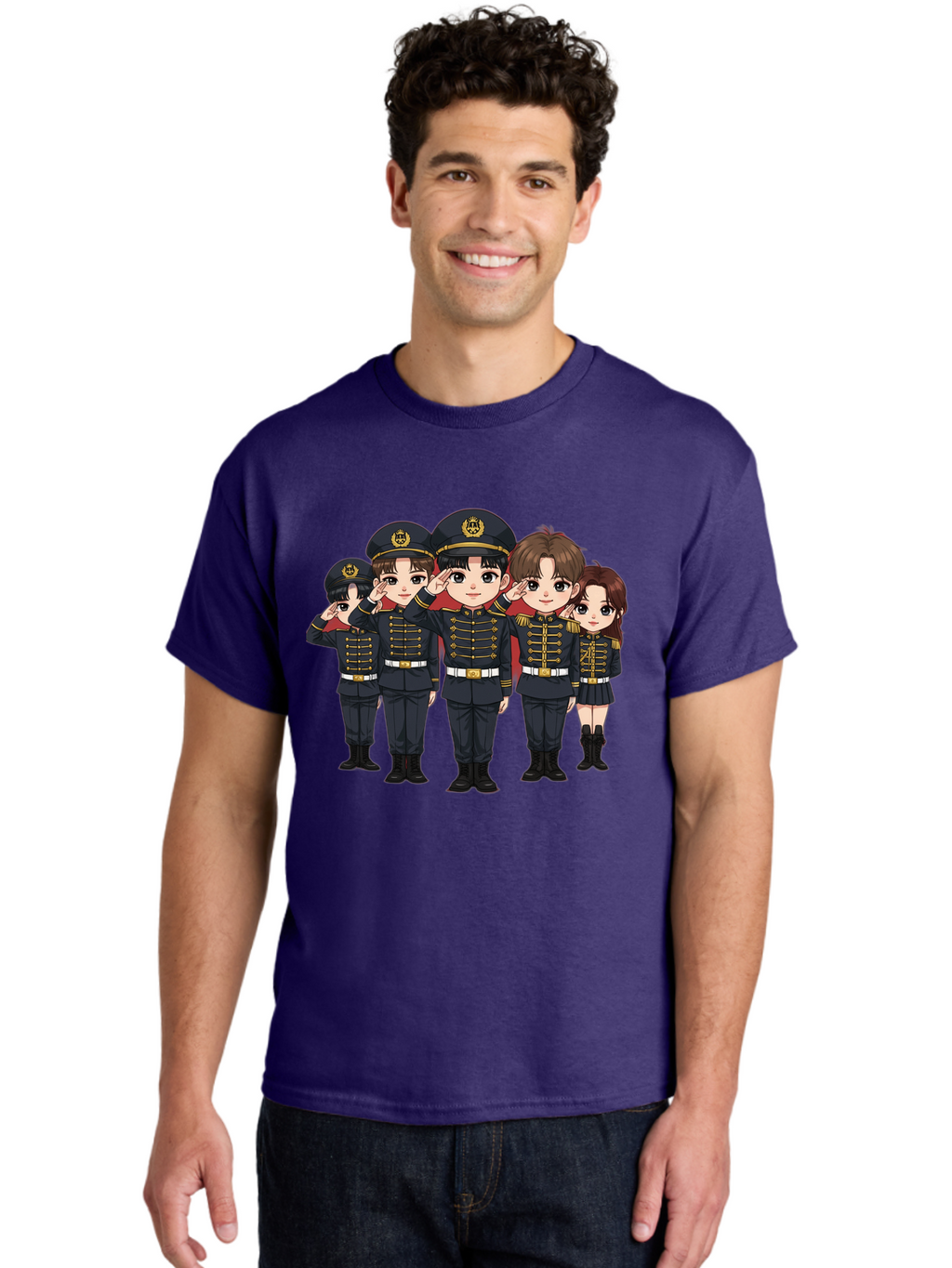 K-Pop-Group-Military-Uniform Men'S Graphic Tee, 100% Cotton, Comfortable Casual Summer Wear, Machine Washable, Anime Characters In Military Uniforms, Cartoon Illustration, Japanese Pop Culture, K-Pop Style, Military Attire, Saluting Pose, Bac099