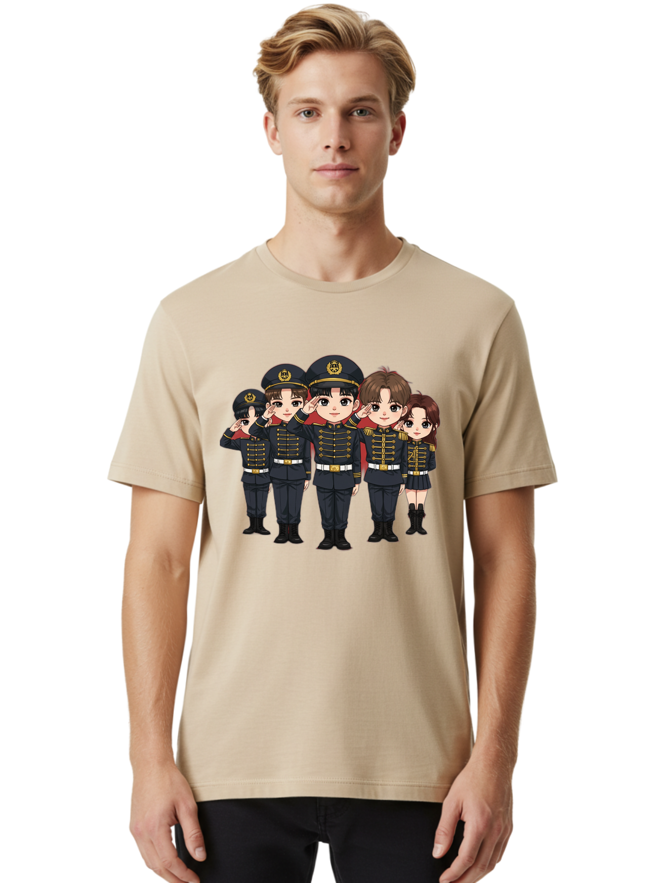 K-Pop-Group-Military-Uniform Men'S Graphic Tee, 100% Cotton, Comfortable Casual Summer Wear, Machine Washable, Anime Characters In Military Uniforms, Cartoon Illustration, Japanese Pop Culture, K-Pop Style, Military Attire, Saluting Pose, Bac099