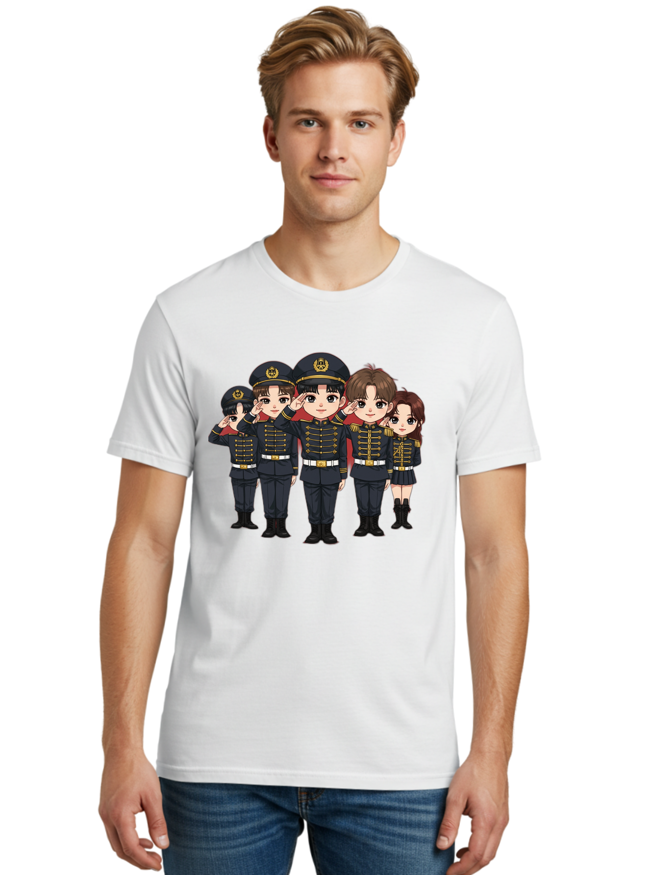 K-Pop-Group-Military-Uniform Men'S Graphic Tee, 100% Cotton, Comfortable Casual Summer Wear, Machine Washable, Anime Characters In Military Uniforms, Cartoon Illustration, Japanese Pop Culture, K-Pop Style, Military Attire, Saluting Pose, Bac099