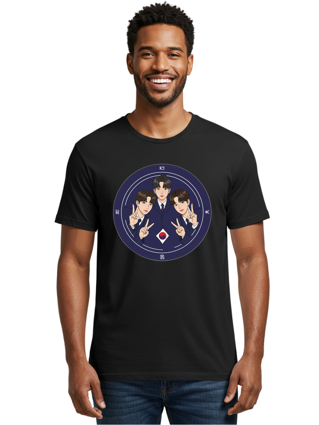 K-Pop-Idol-Trio Men'S Graphic Tee, 100% Cotton, Comfortable Casual Summer Wear, Machine Washable, K-Pop Group, Three Members, Blue Suits, Korean Flag, Peace Signs, K-Pop Fashion, Korean Pop Culture, Group Portrait, Stylish Hairstyles, Bac101