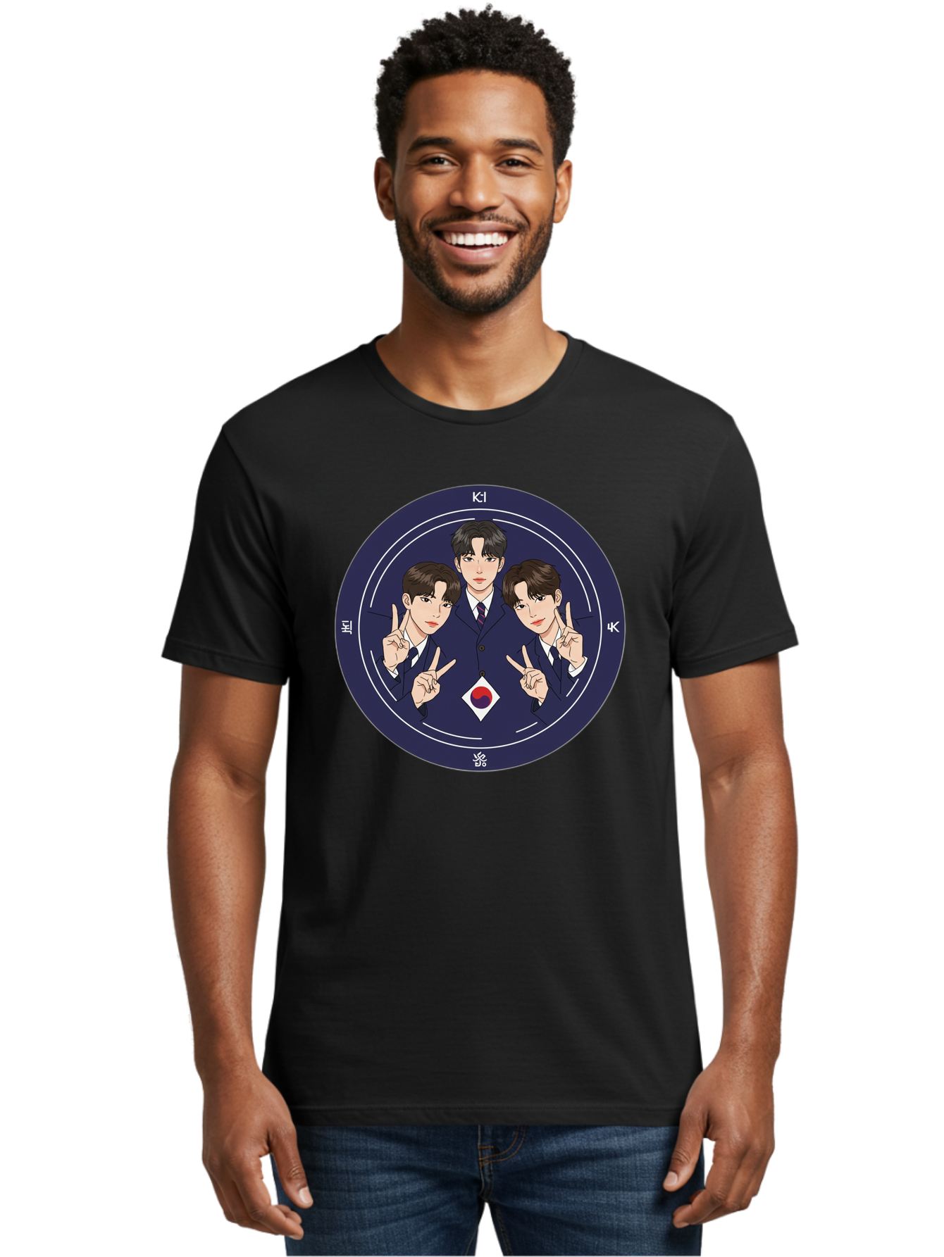 K-Pop-Idol-Trio Men'S Graphic Tee, 100% Cotton, Comfortable Casual Summer Wear, Machine Washable, K-Pop Group, Three Members, Blue Suits, Korean Flag, Peace Signs, K-Pop Fashion, Korean Pop Culture, Group Portrait, Stylish Hairstyles, Bac101