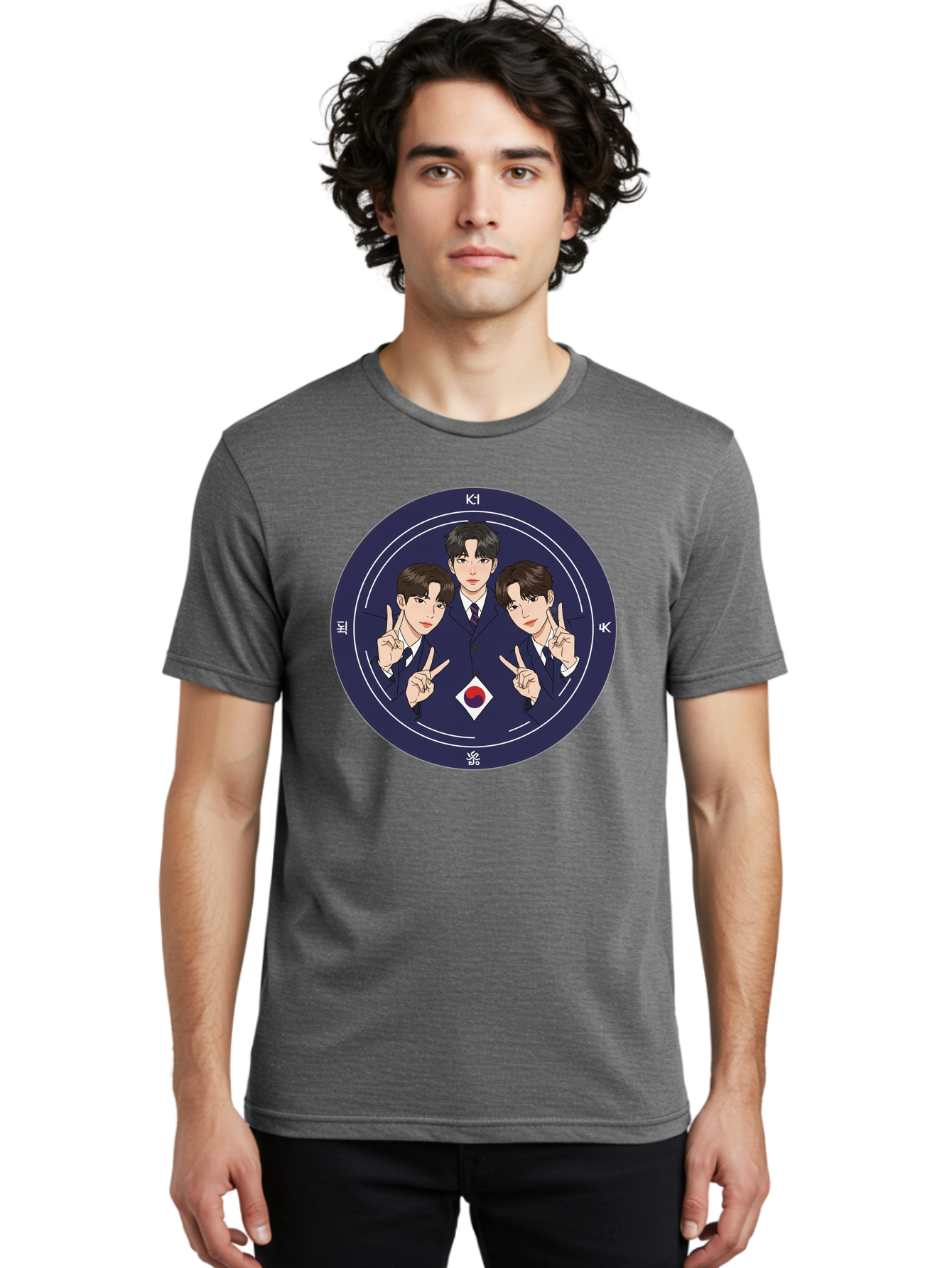 K-Pop-Idol-Trio Men'S Graphic Tee, 100% Cotton, Comfortable Casual Summer Wear, Machine Washable, K-Pop Group, Three Members, Blue Suits, Korean Flag, Peace Signs, K-Pop Fashion, Korean Pop Culture, Group Portrait, Stylish Hairstyles, Bac101