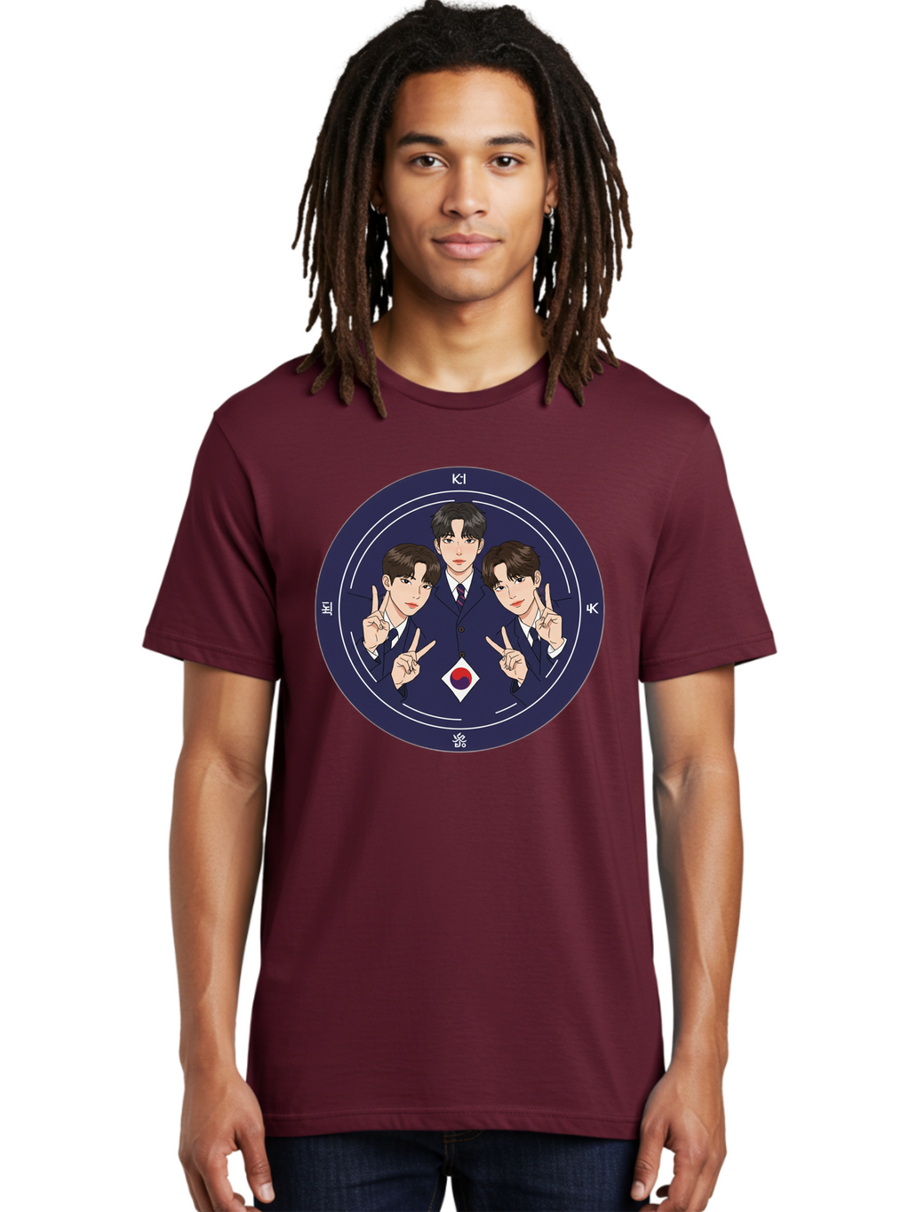K-Pop-Idol-Trio Men'S Graphic Tee, 100% Cotton, Comfortable Casual Summer Wear, Machine Washable, K-Pop Group, Three Members, Blue Suits, Korean Flag, Peace Signs, K-Pop Fashion, Korean Pop Culture, Group Portrait, Stylish Hairstyles, Bac101