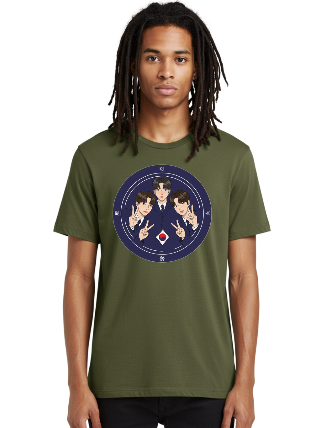 K-Pop-Idol-Trio Men'S Graphic Tee, 100% Cotton, Comfortable Casual Summer Wear, Machine Washable, K-Pop Group, Three Members, Blue Suits, Korean Flag, Peace Signs, K-Pop Fashion, Korean Pop Culture, Group Portrait, Stylish Hairstyles, Bac101