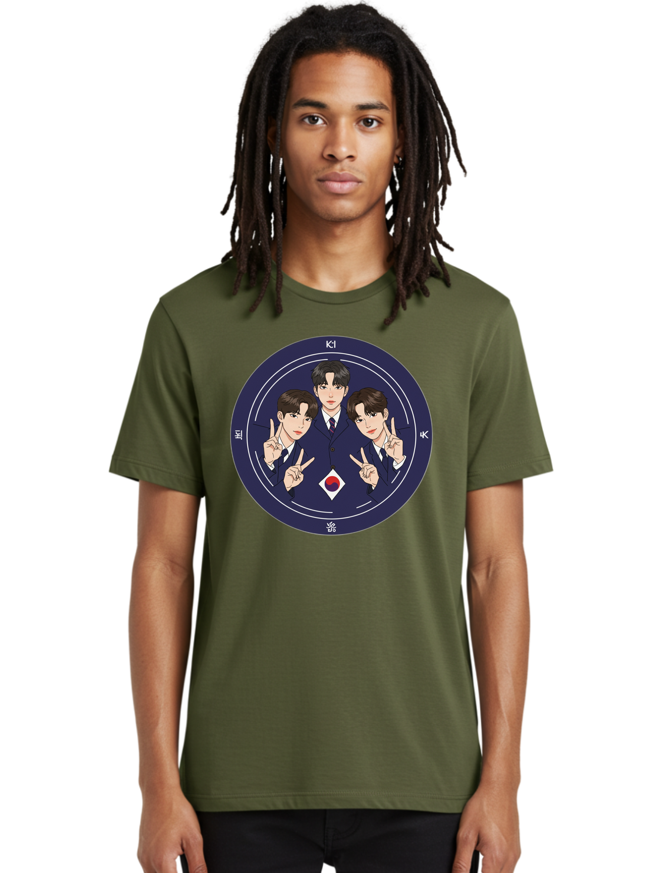 K-Pop-Idol-Trio Men'S Graphic Tee, 100% Cotton, Comfortable Casual Summer Wear, Machine Washable, K-Pop Group, Three Members, Blue Suits, Korean Flag, Peace Signs, K-Pop Fashion, Korean Pop Culture, Group Portrait, Stylish Hairstyles, Bac101