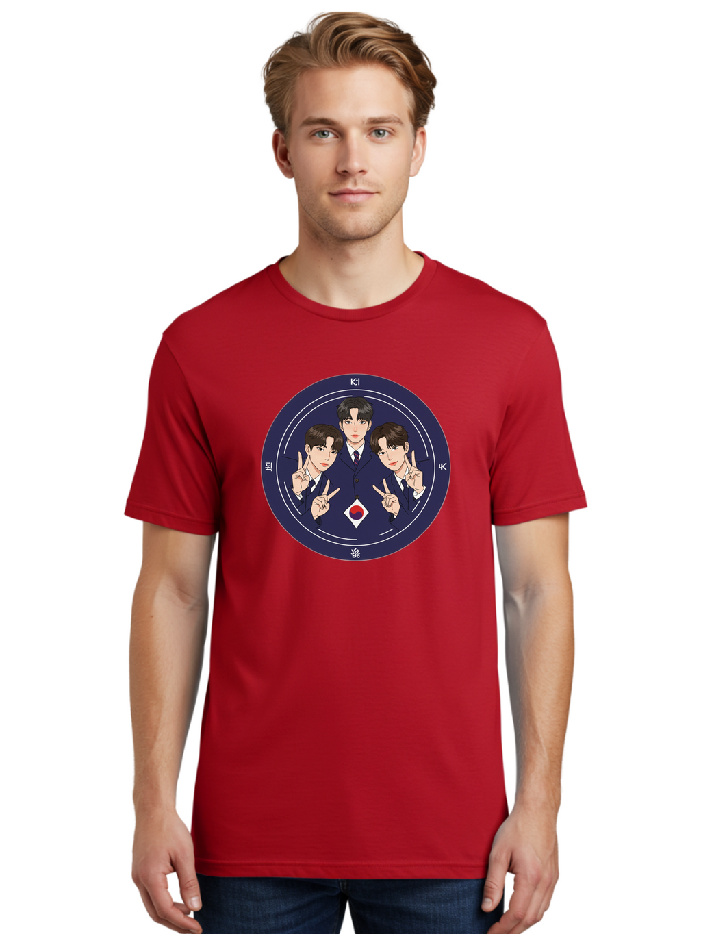 K-Pop-Idol-Trio Men'S Graphic Tee, 100% Cotton, Comfortable Casual Summer Wear, Machine Washable, K-Pop Group, Three Members, Blue Suits, Korean Flag, Peace Signs, K-Pop Fashion, Korean Pop Culture, Group Portrait, Stylish Hairstyles, Bac101