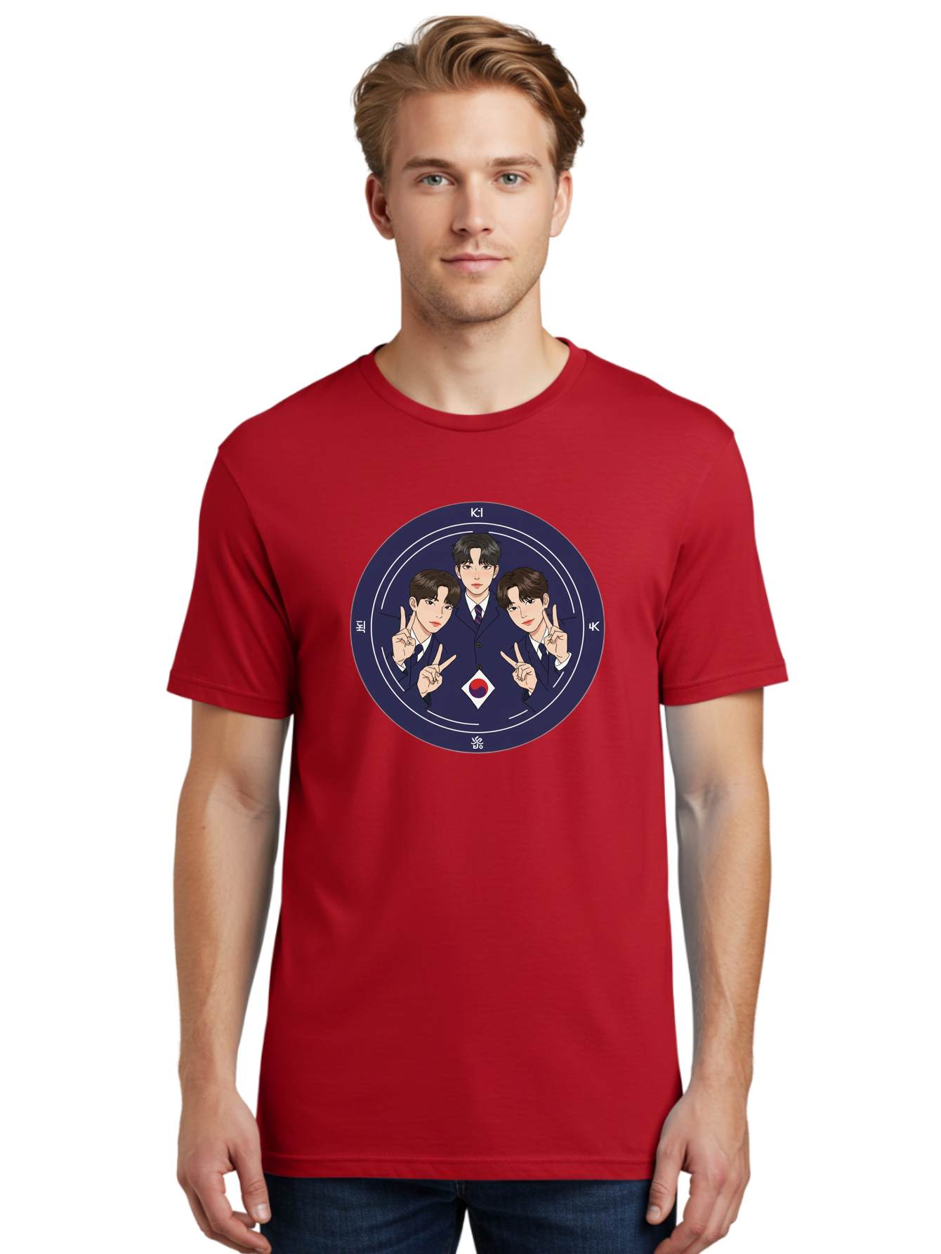 K-Pop-Idol-Trio Men'S Graphic Tee, 100% Cotton, Comfortable Casual Summer Wear, Machine Washable, K-Pop Group, Three Members, Blue Suits, Korean Flag, Peace Signs, K-Pop Fashion, Korean Pop Culture, Group Portrait, Stylish Hairstyles, Bac101