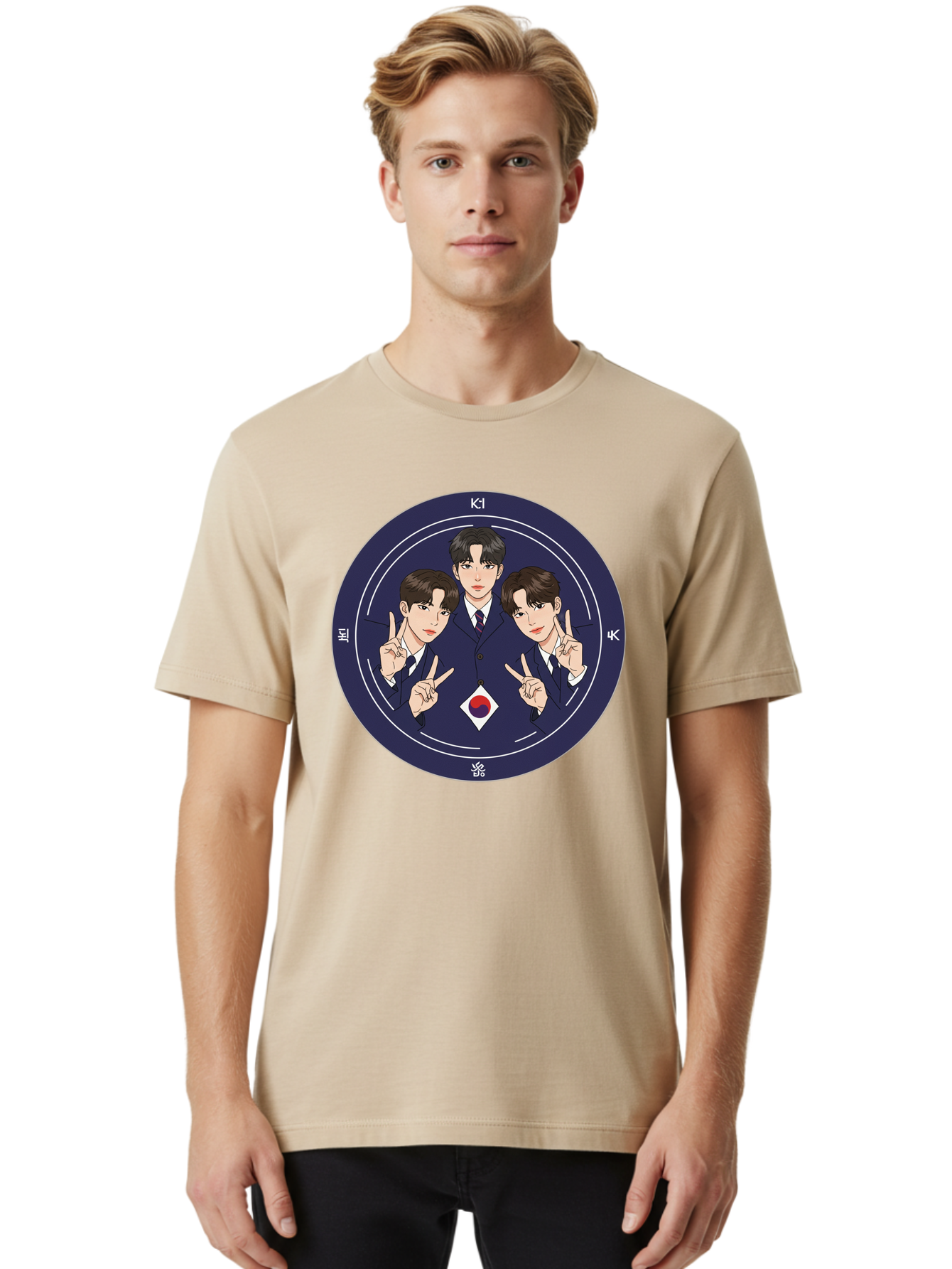 K-Pop-Idol-Trio Men'S Graphic Tee, 100% Cotton, Comfortable Casual Summer Wear, Machine Washable, K-Pop Group, Three Members, Blue Suits, Korean Flag, Peace Signs, K-Pop Fashion, Korean Pop Culture, Group Portrait, Stylish Hairstyles, Bac101