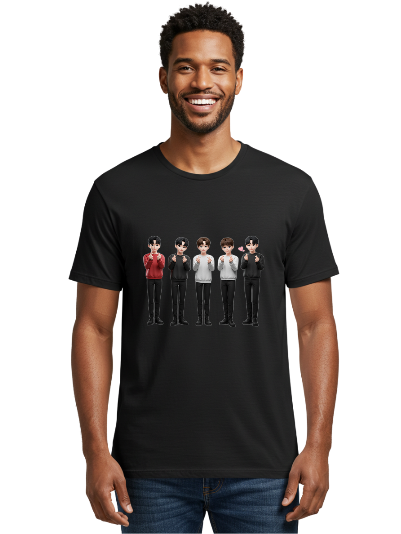 K-Pop-Idols Men'S Graphic Tee, 100% Cotton, Comfortable Casual Summer Wear, Machine Washable, 3D Cartoon Characters, Young Men, Black Hair, Varied Sweaters, Black Pants, Hand Gestures, Fist Bumps, Heart Symbol, Digital Art, Kawaii Style, Bac102