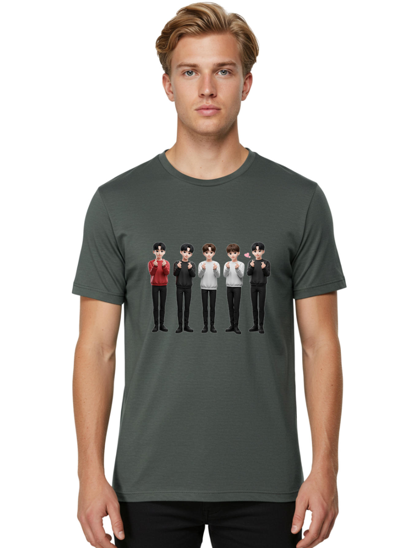 K-Pop-Idols Men'S Graphic Tee, 100% Cotton, Comfortable Casual Summer Wear, Machine Washable, 3D Cartoon Characters, Young Men, Black Hair, Varied Sweaters, Black Pants, Hand Gestures, Fist Bumps, Heart Symbol, Digital Art, Kawaii Style, Bac102
